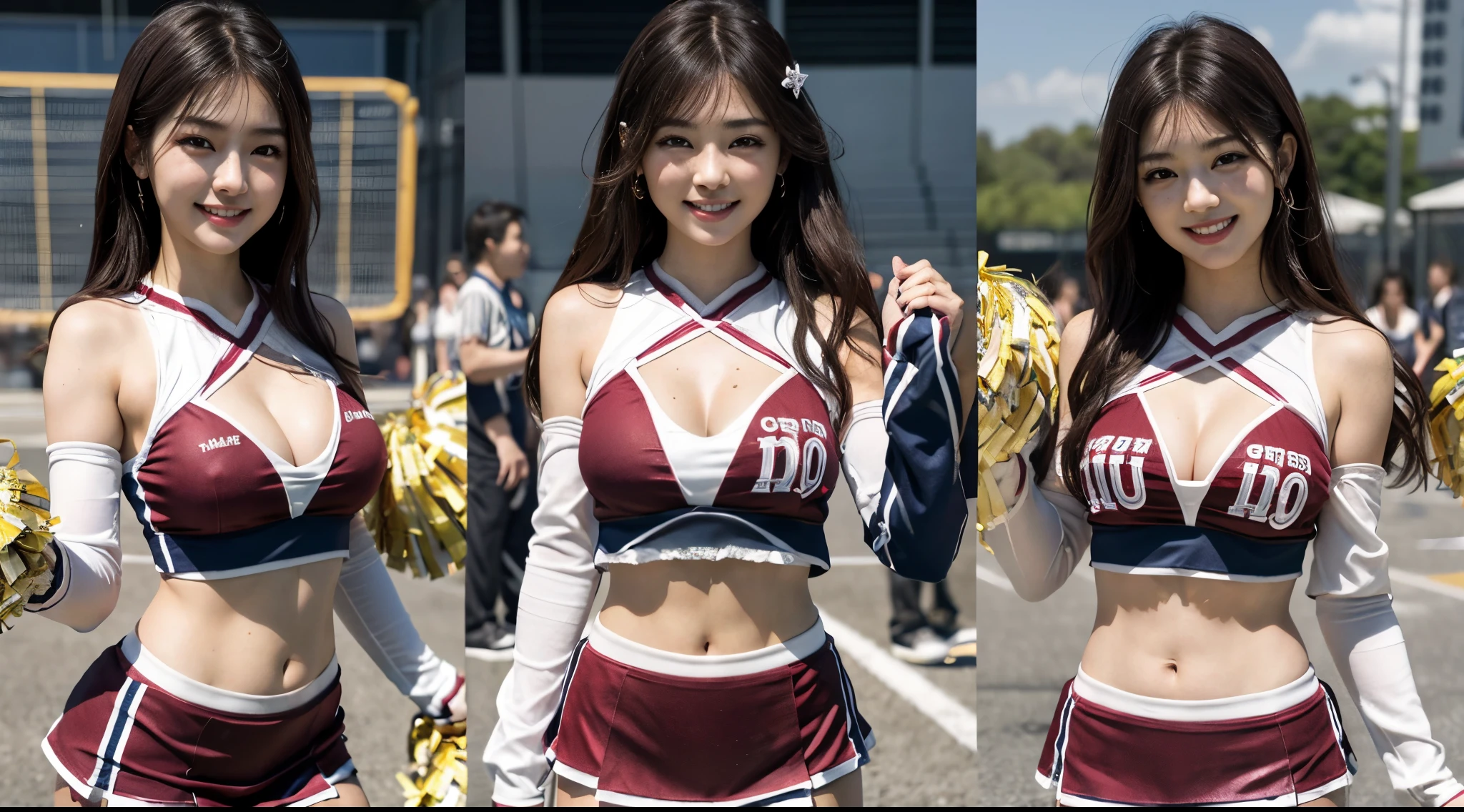 8K Raw photograph、Beautuful Women:2.0、24 years of age、japanes、Cute Baby Turtle、cleavage、((cheer girl:1.5))、mini-skirts、beautidful eyes,Meticulous details、eyeslashes、((Brown eyes:1.2))、beautiful double eyelid、eye shadows、Perfect eye makeup、((A smile:1.6))、Beautiful and thin legs、(maroon hair)、Medium hair、voluminous hair、stadio、In the daytime、Latino、真实感:1.9、Sexy navel、lean legs、tthin eyebrows、Tear bag、a tall nose、((Extremely libido))
