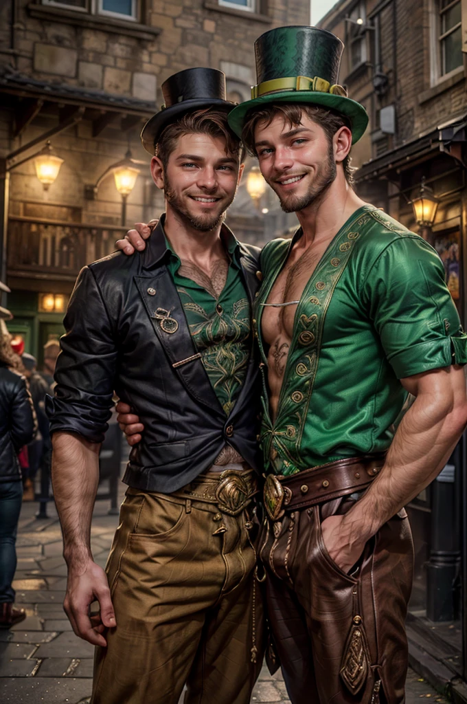a man, 18 years old, ((((A portrait of a beautiful leprechaun)), (((Full 18 year old male)), Charming and sexy, Friendly and mischievous, ((Green top hat )), ((((beard and smile)),Daeni Pin Style, [Daniel F. Gerhartz Style::0.5], UHD Image, Hire, 8k, photo-realistic, Epic lighting, Sharp, Realistic, Romantic, focus,