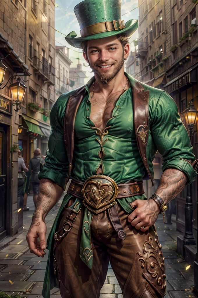 a man, 18 years old, ((((A portrait of a beautiful leprechaun)), (((Full 18 year old male)), Charming and sexy, Friendly and mischievous, ((Green top hat )), ((((beard and smile)),Daeni Pin Style, [Daniel F. Gerhartz Style::0.5], UHD Image, Hire, 8k, photo-realistic, Epic lighting, Sharp, Realistic, Romantic, focus,