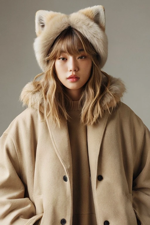 women are beige,20yr old、 beige gradation color hair、Straight hair、Pattsun bangs、Wear a down coat with big fox fur、Fashion Editorial