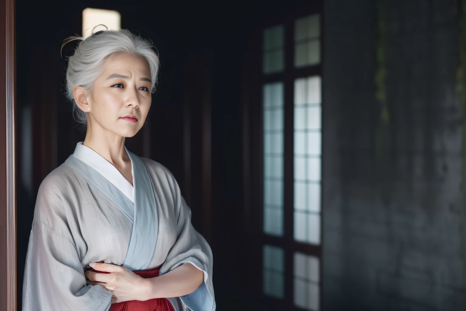 ((Best quality, 8K, Masterpiece :1.3)), Sharp focus:1.2 ， Photorealsitic，(Cinematic lighting)，Facial detail texture. Eye details. Double eyelids, Slender body. Super small breasts, Sexy collarbone，70-year-old grandmother, photo-realistic:1.37，Perfect eyes, ((1 Old man in a gray yukata))，（white sash），(Thick cloth)，((Ragged linen))，With a petite figure，whaite hair，hair-bun，Qi bangs，Stand in the snow，Hands behind your back，Full body like，short- sleeved，robe，folds，((solid color backdrop))，Front lens，There are a few wrinkles on the face，Traditional Chinese women，Be kind，white haired Cangcang，Shanshui temple background，in a temple，Clear day，Back to the bell tower，full bodyesbian，Full body like，frontage，Alone in the temple