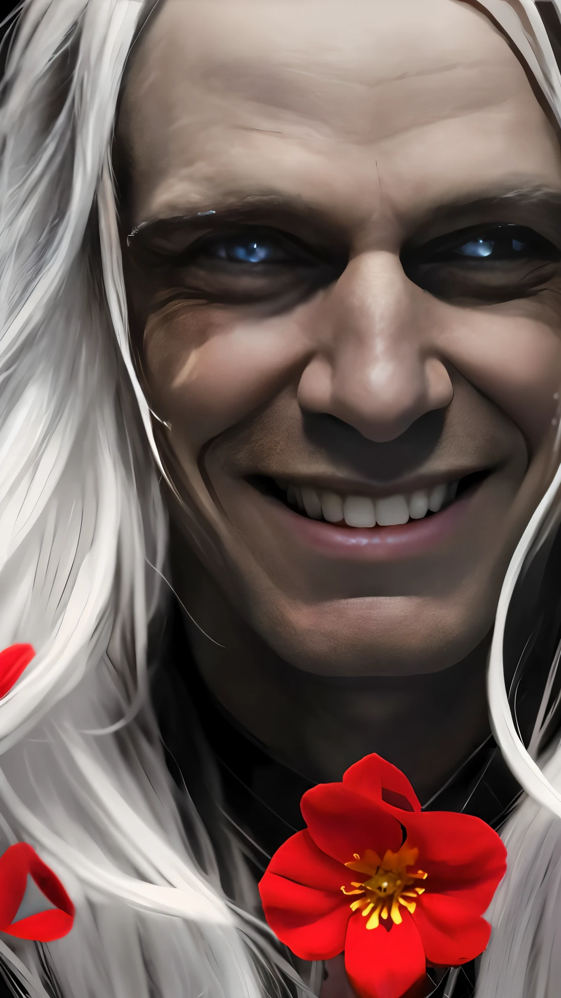 a close up of a person with long white hair and a flower in his hair, fantasy art smug smile man, amazing portrait of viego, long silver hair with a flower, white haired deity, character portrait closeup, handsome drow, relaxed dwarf with white hair, dwarf with white hair, portrait of geralt of rivia, white haired, closeup character portrait