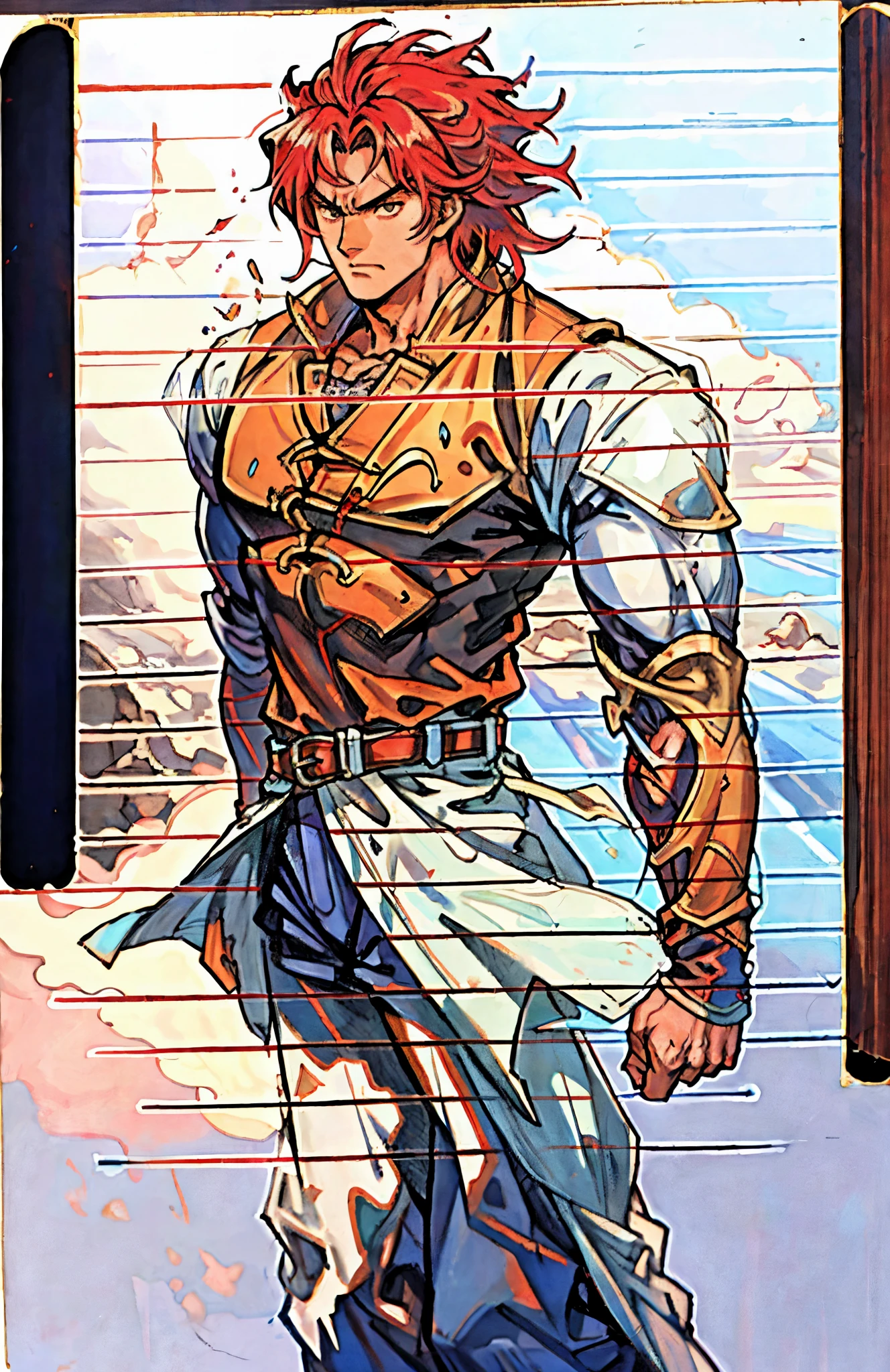 a young man, deep blue short hair, a dense and voluminous spiky hairstyle, two long hair bangs, an arrogant demeanor, a fierce gaze, brown skin, simple solid-colored traditional Chinese clothing, a red belt, flowing hem, red wrist guards, coarse cloth trousers, the surrounding air distorts due to intense heat, the background depicts a volcanic crater erupting with molten lava, this character embodies a finely crafted fantasy-style martial arts in anime style, exquisite and mature manga art style, high definition, best quality, highres, ultra-detailed, ultra-fine painting, extremely delicate, professional, anatomically correct, symmetrical face, extremely detailed eyes and face, high quality eyes, creativity, RAW photo, UHD, 8k, Natural light, cinematic lighting, masterpiece-anatomy-perfect, masterpiece:1.5