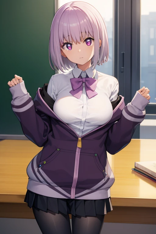 akaneshinjou, shinjou akane, light purple hair, (pink eyes:1.2), short hair,
BREAK black pantyhose, bow, collared shirt, hood, hooded jacket, jacket, open clothes, open jacket, open shirt, pantyhose, purple bow, purple jacket, school uniform, shirt, sleeves past wrists, unbuttoned shirt, white shirt,
BREAK indoors, city,
BREAK looking at viewer, BREAK (masterpiece:1.2), best quality, high resolution, unity 8k wallpaper, (illustration:0.8), (beautiful detailed eyes:1.6), extremely detailed face, perfect lighting, extremely detailed CG, (perfect hands, perfect anatomy),