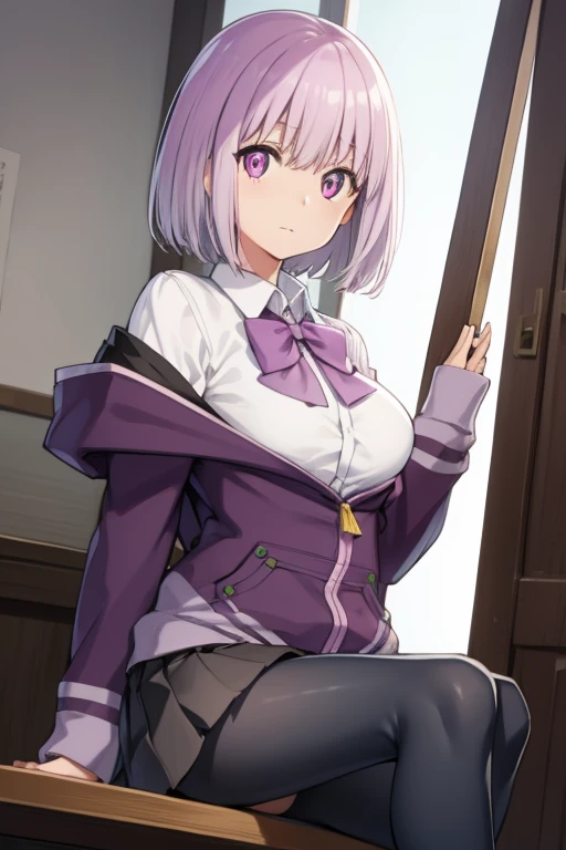 akaneshinjou, shinjou akane, Light purple hair, (Pink eyes:1.2), Short hair,
BREAK black pantyhose, Bow, Collared shirt, hoods, hooded jacket, Jacket, Open your clothes, Open jacket, Open Shirt, pantyhose, Purple bow, Purple jacket, School uniform, Shirt, sleeves past wrists, Unbuttoned shirt, White shirt,,
Break indoors, city,
BREAK looking at viewer, BREAK (masutepiece:1.2), Best Quality, High resolution, Unity 8k壁纸, (Illustration:0.8), (Beautiful detailed eyes:1.6), extra detailed face, Perfect Lighting, extremely details CG, (Perfect hands, Perfect Anatomy),