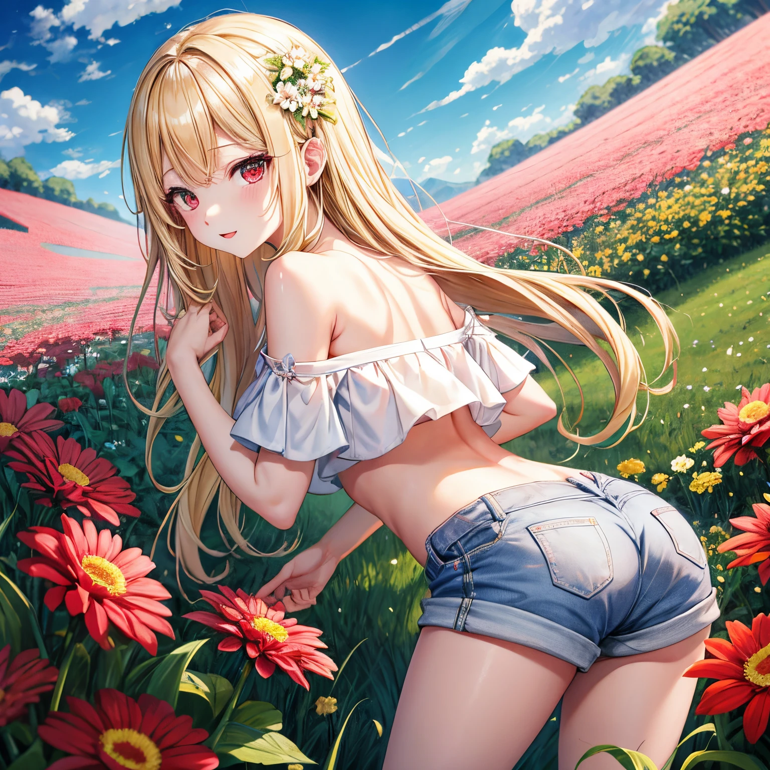 blonde woman、poniteil、red-eyes、One Pretty Girl、独奏、Animesk、Off the shoulders、short pants、flower field, naked ass