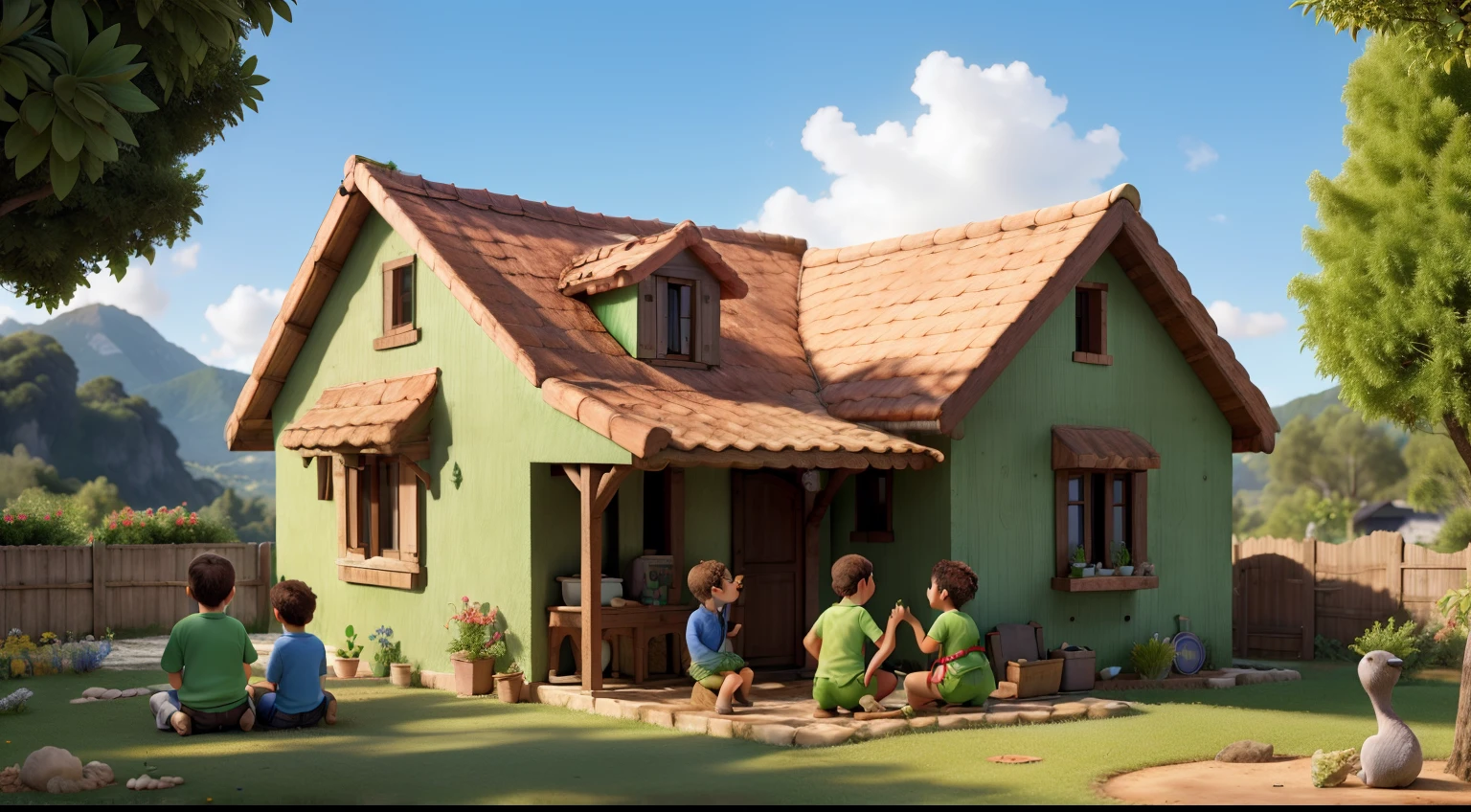 Pequena vila, cercada por montes verdes, uma casa flutuante, children sitting looking at the house