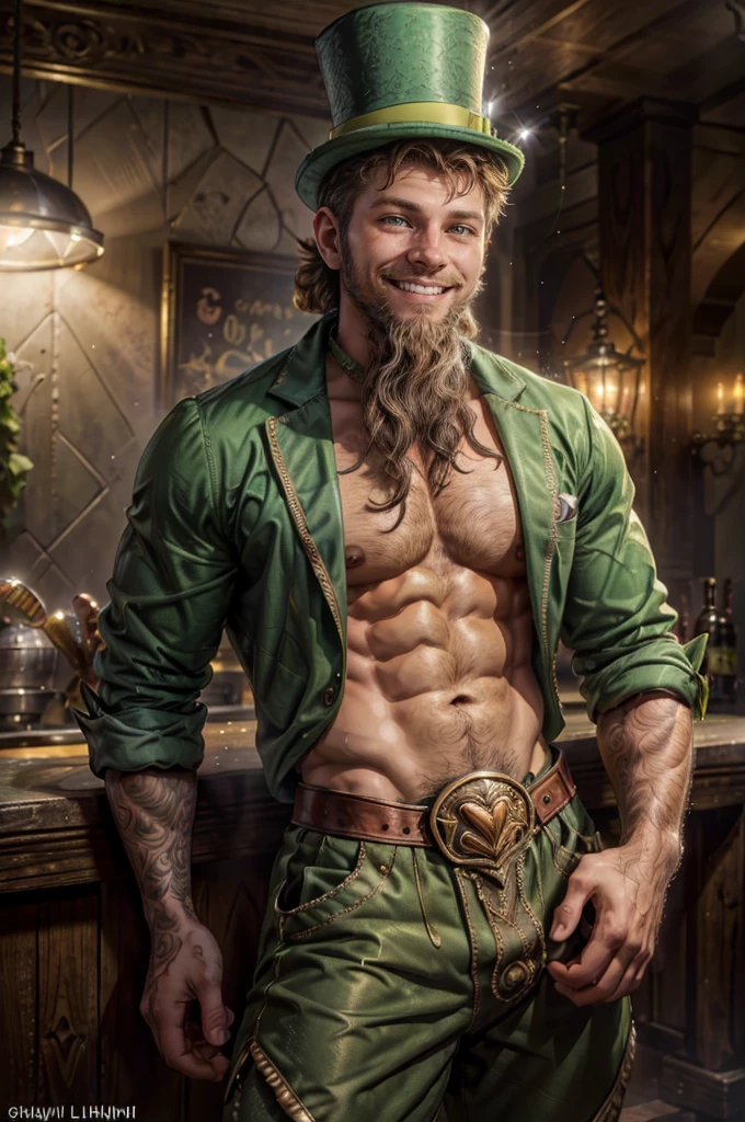a man, 18 years old, ((((A portrait of a beautiful leprechaun)), (((Full 18 year old male)), Charming and sexy, Friendly and mischievous, ((Green top hat )), ((((beard and smile)),Daeni Pin Style, [Daniel F. Gerhartz Style::0.5], UHD Image, Hire, 8k, photo-realistic, Epic lighting, Sharp, Realistic, Romantic, focus,