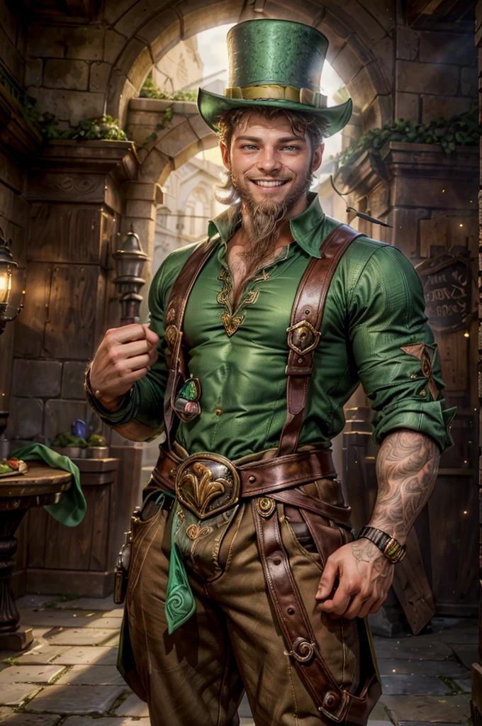 a man, 18 years old, ((((A portrait of a beautiful leprechaun)), (((Full 18 year old male)), Charming and sexy, Friendly and mischievous, ((Green top hat )), ((((beard and smile)),Daeni Pin Style, [Daniel F. Gerhartz Style::0.5], UHD Image, Hire, 8k, photo-realistic, Epic lighting, Sharp, Realistic, Romantic, focus,