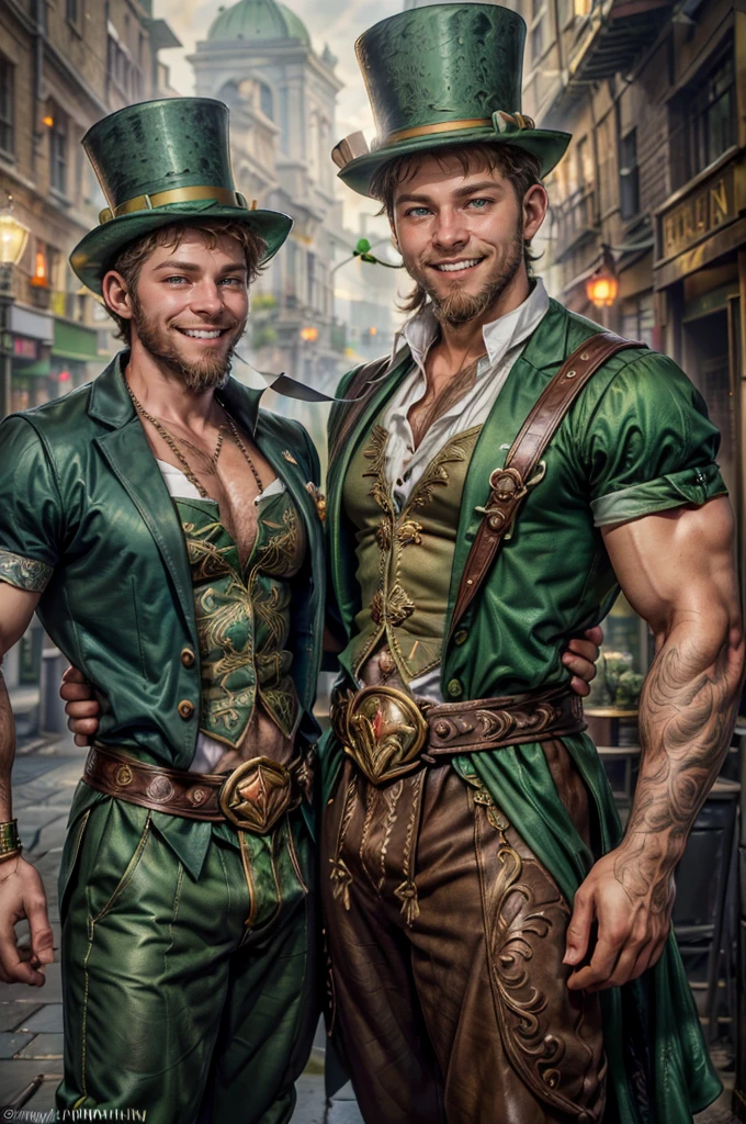 a man, 18 years old, ((((A portrait of a beautiful leprechaun)), (((Full 18 year old male)), Charming and sexy, Friendly and mischievous, ((Green top hat )), ((((beard and smile)),Daeni Pin Style, [Daniel F. Gerhartz Style::0.5], UHD Image, Hire, 8k, photo-realistic, Epic lighting, Sharp, Realistic, Romantic, focus,