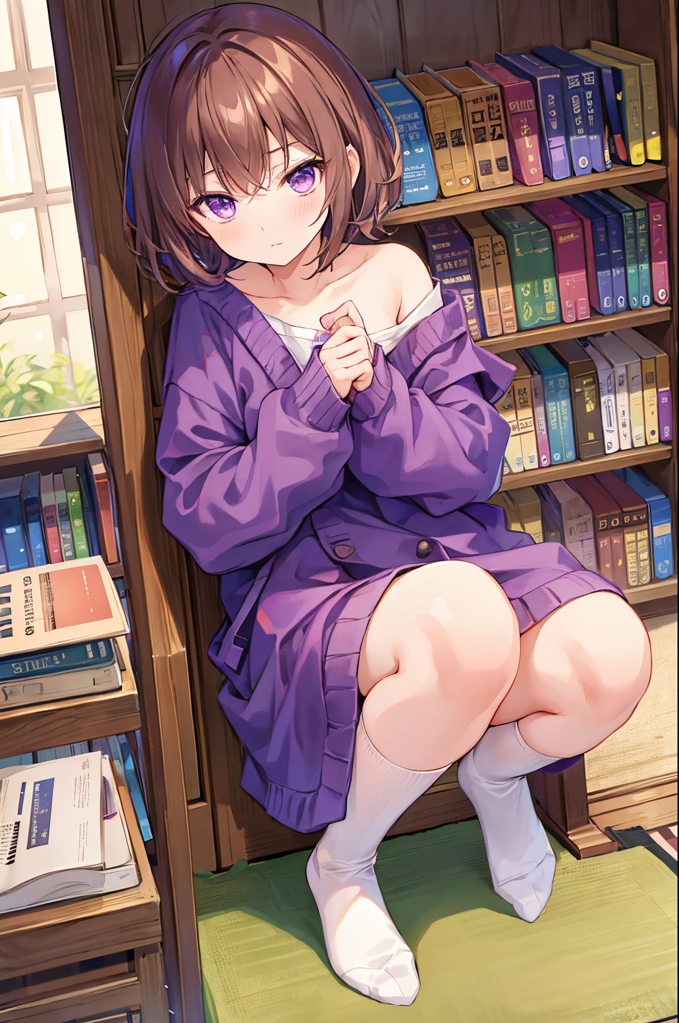 skin dantation、Niso、book library、Boken、high socks、short-cut、Pale brown hair、Purple eyes、Ecchi、NSFW、