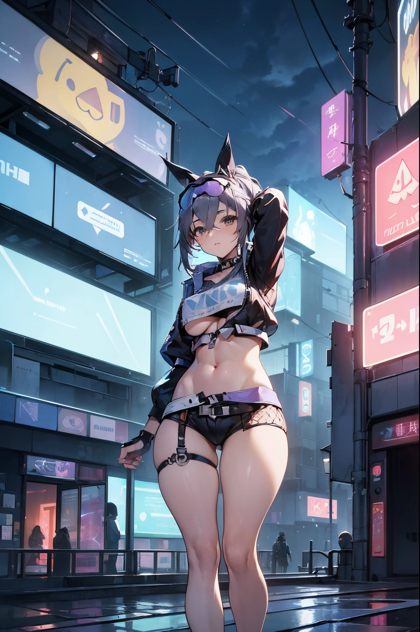 (Paisaje de la ciudad cyberpunk) () Nyonix, Cyberpunk Anime Mujer, Posing from behind in metropolis with a rebellious spirit. Her hair seemed to dance under neon lights, The color changes with each heartbeat. His suit is a fusion of wires, circuito, y moda urbana, Decorated with neon signs，Centellea como la luz de una ciudad. Nyonix radiates an aura of technical prowess, Como si pudiera invadir las ciudades a su alrededor. En su presencia, Los paisajes urbanos cyberpunk cobran vida, Holographic billboard changes to show your message，The air was filled with mechanical hums and protest slogans., grande, Vaqueros calientes, Chica spacepunk,(((1girl))),((Beautiful girl with bright and luminous cat ears)), (senos grandes:1.4),Saggy breasts,((cabello negro,cabello negro desordenado,colored inner hair,Cabello grande,Cabello absurdamente largo y descuidado:1.35,Cabello largo y negro,ear breathing)),((((Orejas de gato,Orejas de gato en la cabeza,Orejas de gato grande)))),(((ojos rosados:1.3,Ojos volteados hacia arriba:1.3,ojos perfectos,hermosos ojos detallados,Hermosos ojos finamente detallados:1,eyes symmetrical:1))),((gordo)),(((Piel lustrosa:1.5,piel brillante: 1.5,piel bronceada,piel brillante,piel muy brillante,cuerpo brillante,plastic glitter skin,piel brillante exagerada,piel iluminada,piernas mojadas))),(spider lower abdomen,cintura estrecha,cadera ancha,atletic body,piernas infladas,Dedos delicados y detallados,Cuerpo detallado,manos humanas,(Cara detallada)), Lindo,guarra,seductor,erotic,(((NSFW))), Zettai Ryouiki,Ropa reveladora,Mostrar piel,(((Underboob))),(escote),(semidesnudo,con poca ropa,((Tanga diminuta)),piernas desnudas,Correas de tanga visibles),((((Sudadera con capucha Crop Top,Sudadera con capucha recortada,sudadera con capucha,sudadera con capucha intrincada)))),((ropa mojada,Traje detallado,Ropa detallada)), (dynamic  pose:1.0),Enfoque en solitario,avergonzado,(centrado,Escala para ajustarse a las dimensiones,Regla de los tercios), Cyberpunk city by the ocean at night, with bright neon signs and dark storm clouds and puddles, High resolution, foco nítido, (Ultra detallado, extremadamente detallado), (Ilustraciones fotorrealistas:1.37), Fondo de pantalla de 8k,((Tema de fondo synthwave)),(((colores vibrantes))),(intrincado),Masterp