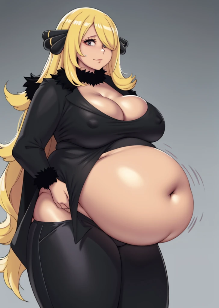 cynthia \(pokemon\), art by kipteitei, 1girl, solo, chubby, fat, anime, belly, big belly, full belly, muffin top, back fat, fat rolls, bbw, thick thighs, large breasts, grabbing belly, standing, blonde hair, hair over one eye, looking at viewer, black fur-trimmed coat, fur collar, hair ornament, v-neck, pants, closed mouth, small nose, masterpiece, best quality, simple background,