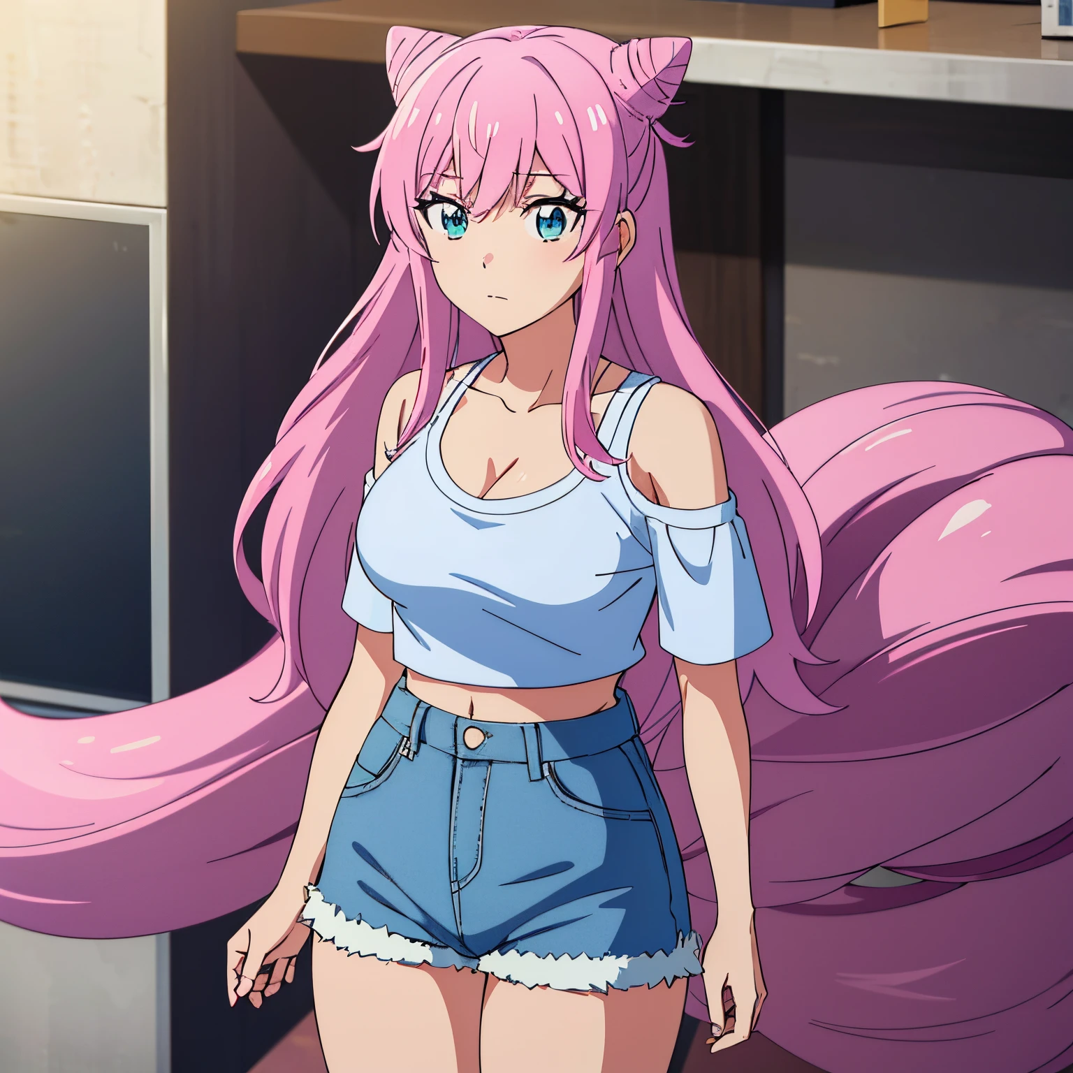 1 girl, alone, akari watanabe, long hair, alone, pink hair, blue eyes, looking at viewer, big breasts, 1 girl, crop top, denim jacket, bare shoulders, two tails, double bun, white t-shirt, cleavage, shorts blue, short shorts, big breasts, medium waist, wide hips, wide thighs