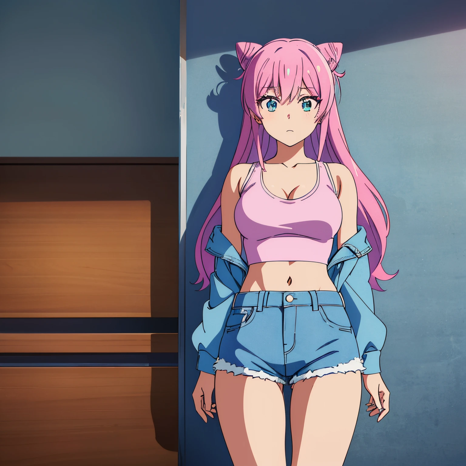 1 girl, alone, akari watanabe, long hair, alone, pink hair, blue eyes, looking at viewer, big breasts, 1 girl, crop top, denim jacket, bare shoulders, two tails, double bun, white t-shirt, cleavage, shorts blue, short shorts, big breasts, medium waist, wide hips, wide thighs