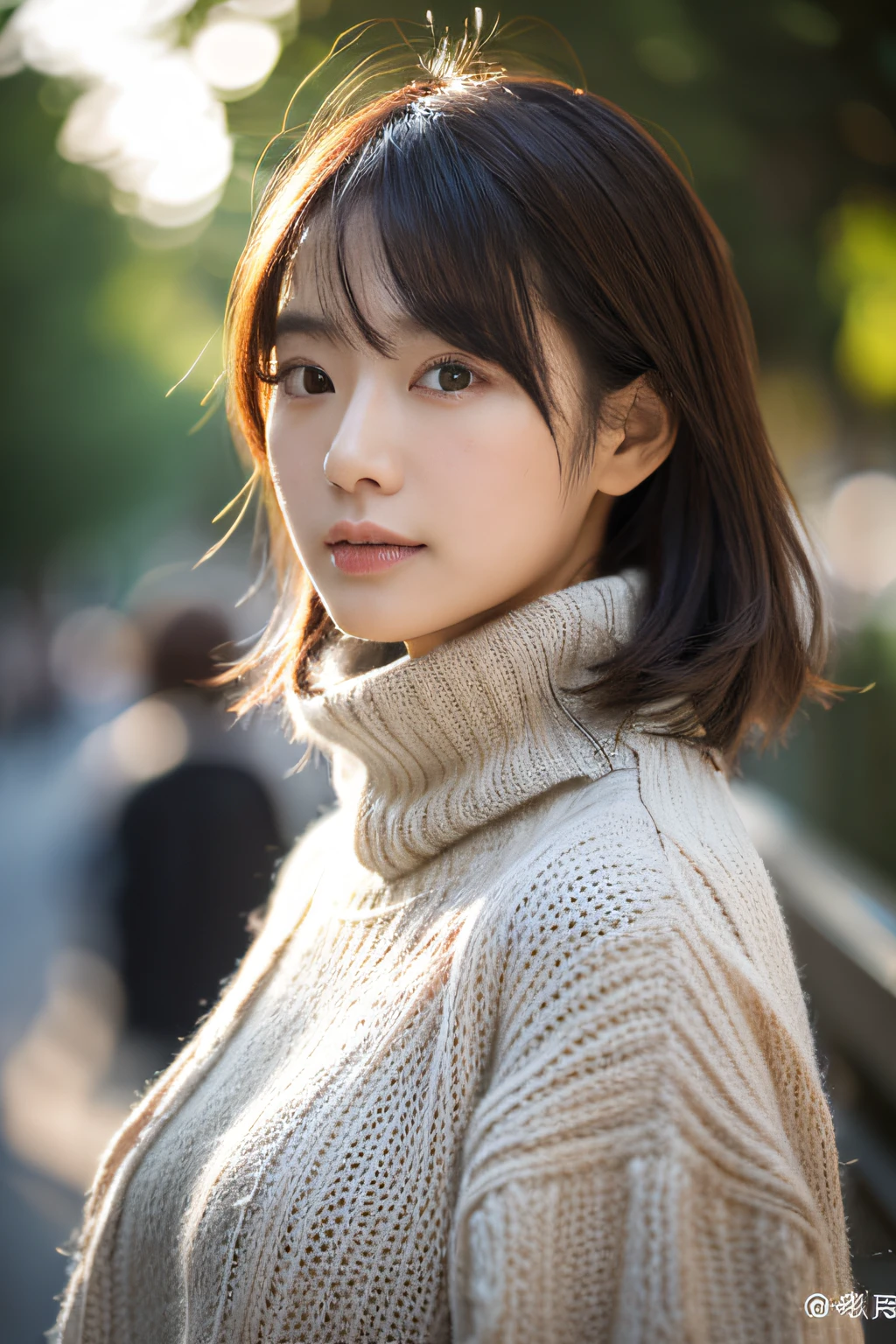 (Turtleneck knitwear、Shoulder bag)、(top-quality,​masterpiece:1.3,超A high resolution,),(ultra-detailliert,Caustics),(Photorealsitic:1.4,RAW shooting,)Ultra-realistic capture,A highly detailed,high-definition16Kfor human skin、 Skin texture is natural、、The skin looks healthy with an even tone、 Use natural light and color,One Woman,japanes,,kawaii,A dark-haired,Middle hair,(depth of fields、chromatic abberation、、Wide range of lighting、Natural Shading、)、(Hair swaying in the wind:1.2)、Streets of Tokyo