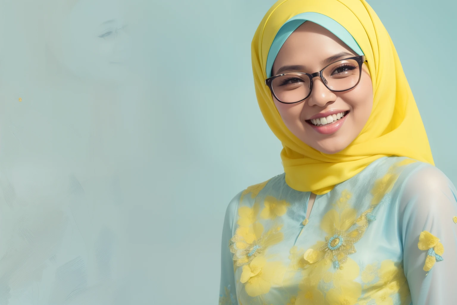 Sexy Malay woman in a light blue baju kebaya in front of a yellow background, laughing, dimple, glasses, hijab, mira filzah, full portrait, on a yellow canva, full portrait shot, photo of young malay woman, photo of a woman, potrait, in yellow background, half body shot, ultra detail, pastel color grading,