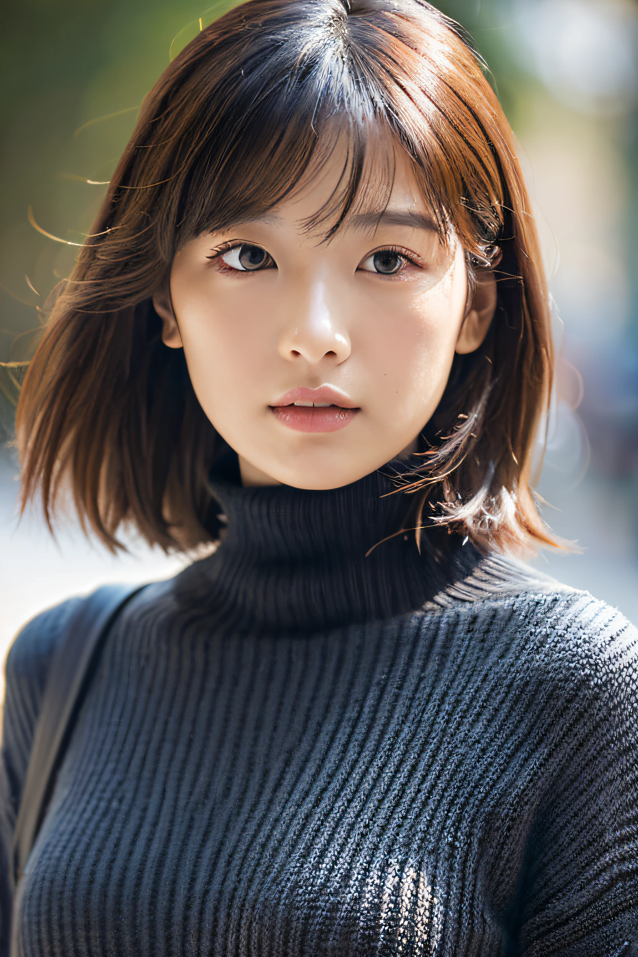 (Turtleneck knitwear、Shoulder bag)、(top-quality,masterpiece:1.3,超A high resolution,),(ultra-detailliert,Caustics),(Photorealsitic:1.4,RAW shooting,)Ultra-realistic capture,A highly detailed,high-definition16Kfor human skin、 Skin texture is natural、、The skin looks healthy with an even tone、 Use natural light and color,One Woman,japanes,,kawaii,A dark-haired,Middle hair,(depth of fields、chromatic abberation、、Wide range of lighting、Natural Shading、)、(Hair swaying in the wind:1.2)、Streets of Tokyo