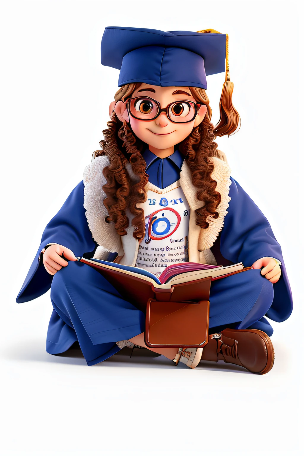 uma menina de 6 anos, Caucasian woman with brown eyes with clear-rimmed glasses and brown curly hair sitting with her legs crossed with a book open on her legs and smiling. She&#39;s dressed in a cap and gown because it&#39;s ABC&#39;s graduation photo.