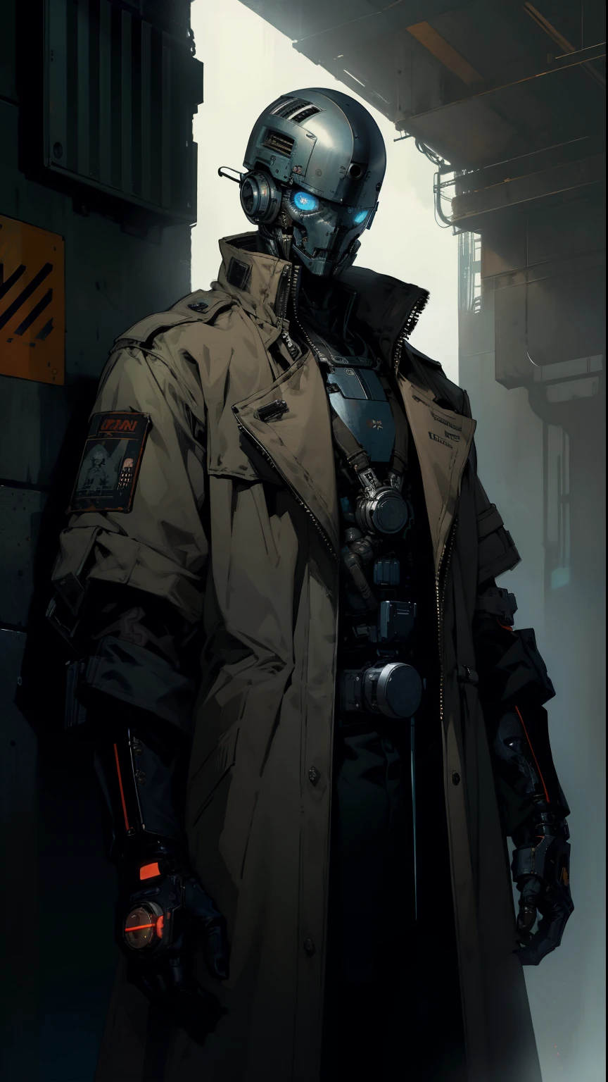 derpd, lethal bounty hunter cyborg wearing long cowboy trench coat, blue eyes,danger,SCI-FI, best quality, masterpiece,