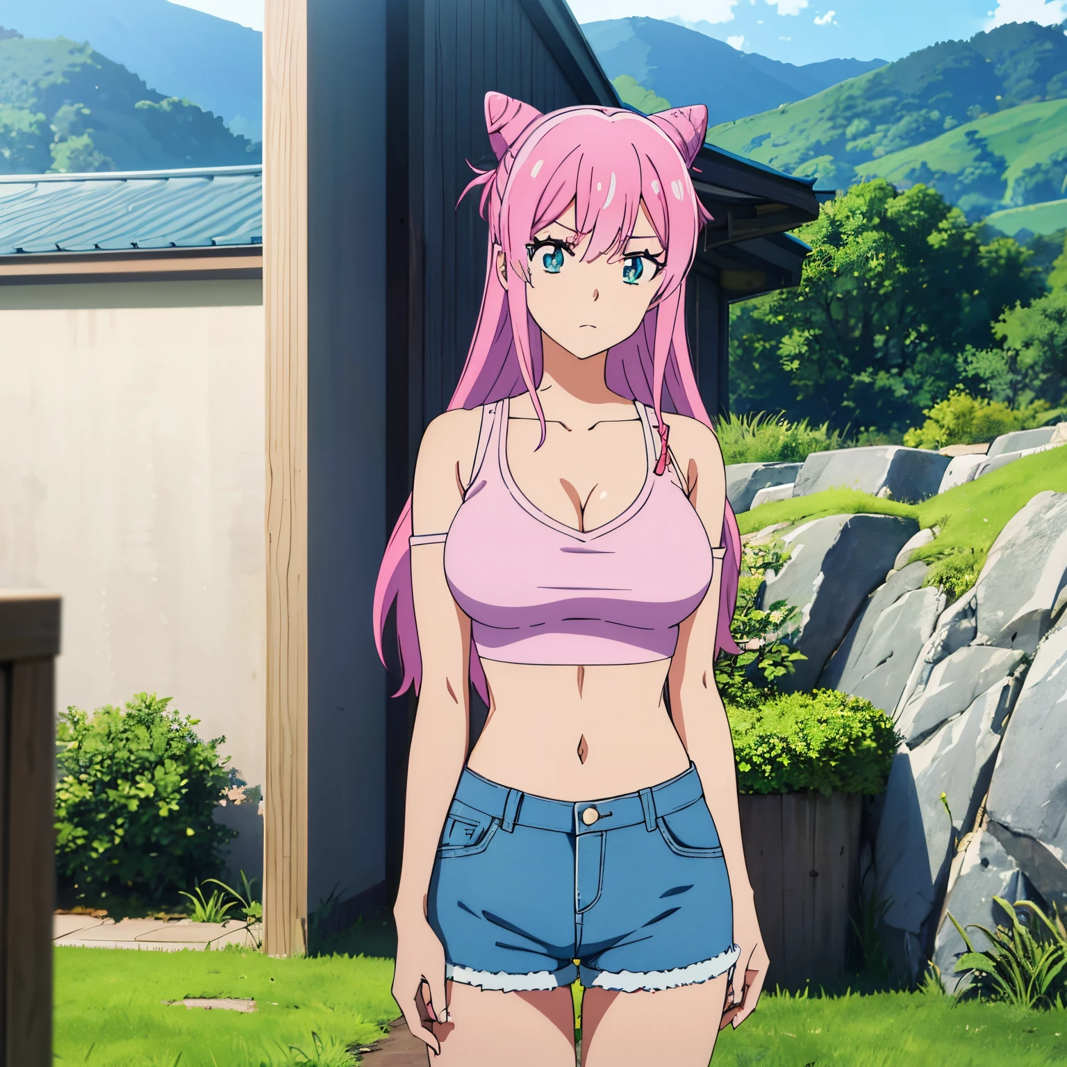 1 girl, alone, akari watanabe, long hair, alone, pink hair, blue eyes, looking at viewer, big breasts, 1 girl, crop top, denim jacket, bare shoulders, two tails, double bun, white t-shirt, cleavage, shorts blue, short shorts, big breasts, medium waist, wide hips, wide thighs