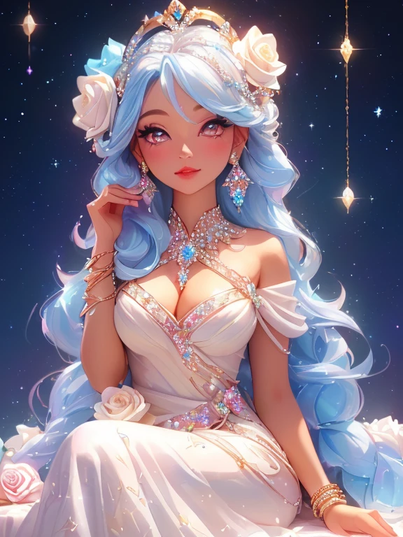 ((a close body portrait of an attractive beautiful goddess sitting beside many colorful crystal rose flowers)), ((dressed in a long linen diamond silk dress with decorations of crystal light blue pieces of jewelry and white flower pin to her hair.)) she has chromatic(colorful) crystal eyes and long light silver gradient hair sliding straight down her back)), (capture the scene and the ethereal grace of her surroundings, crystal rose flowers, wearing diamond crystal earrings, and the crystal stars up the far sky), best lighting effects, high quality, best quality, sharp focus, hyperdetailed, 8K, vibrant colors