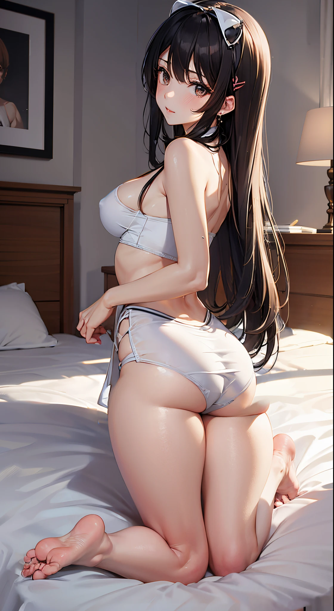 Kneel by the bed。Face your feet back