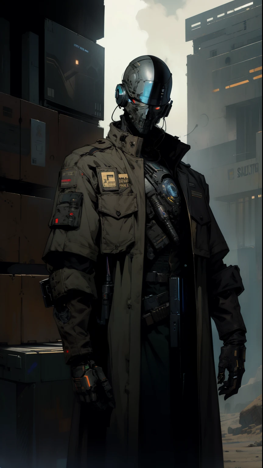 derpd, lethal bounty hunter cyborg wearing long cowboy trench coat, blue eyes,danger,SCI-FI, best quality, masterpiece,