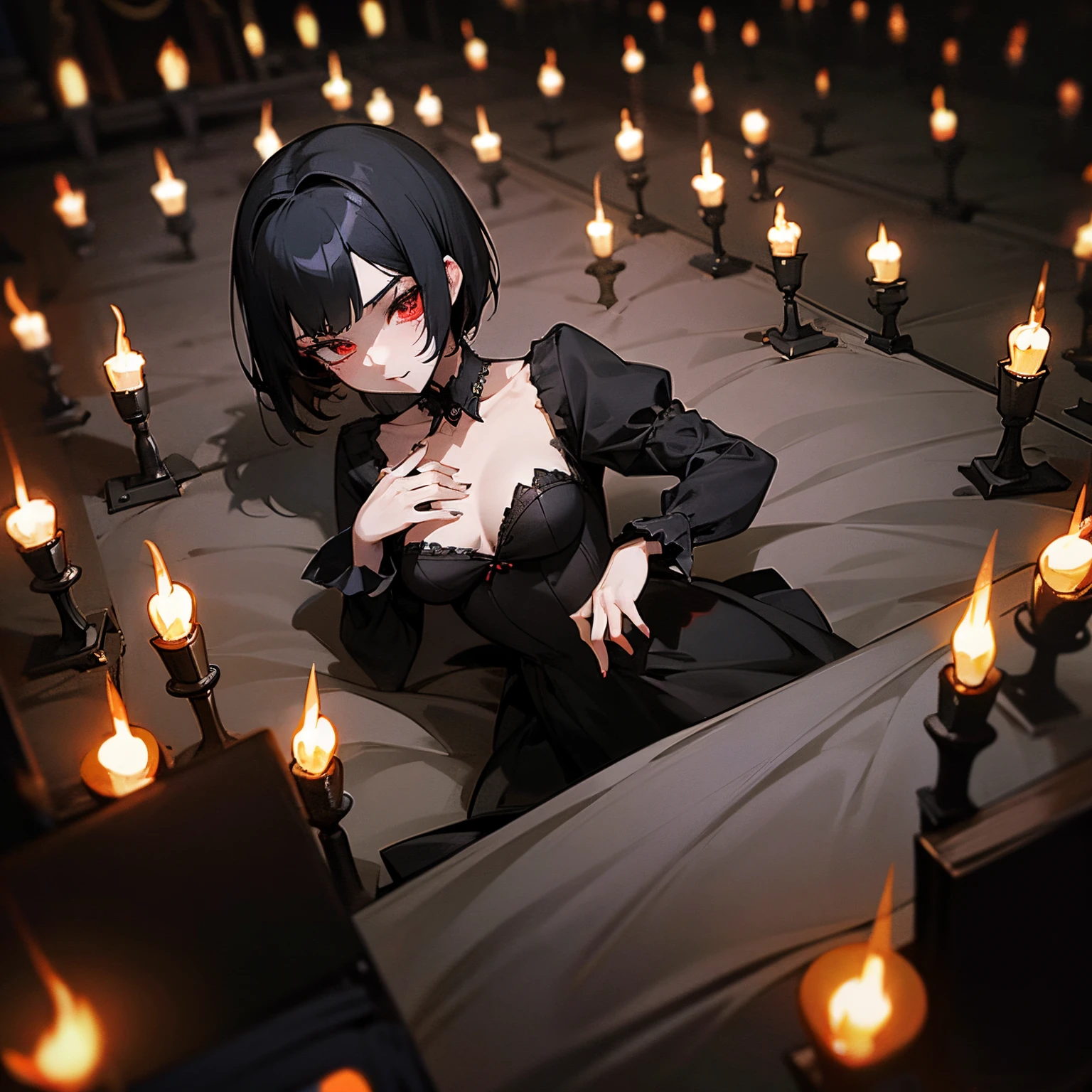 Anime style, gothic vampire girl, short black hair, bite marks on the neck, gothic mansion hall, mal iluminado, lu Z de velas, coffins on the floor