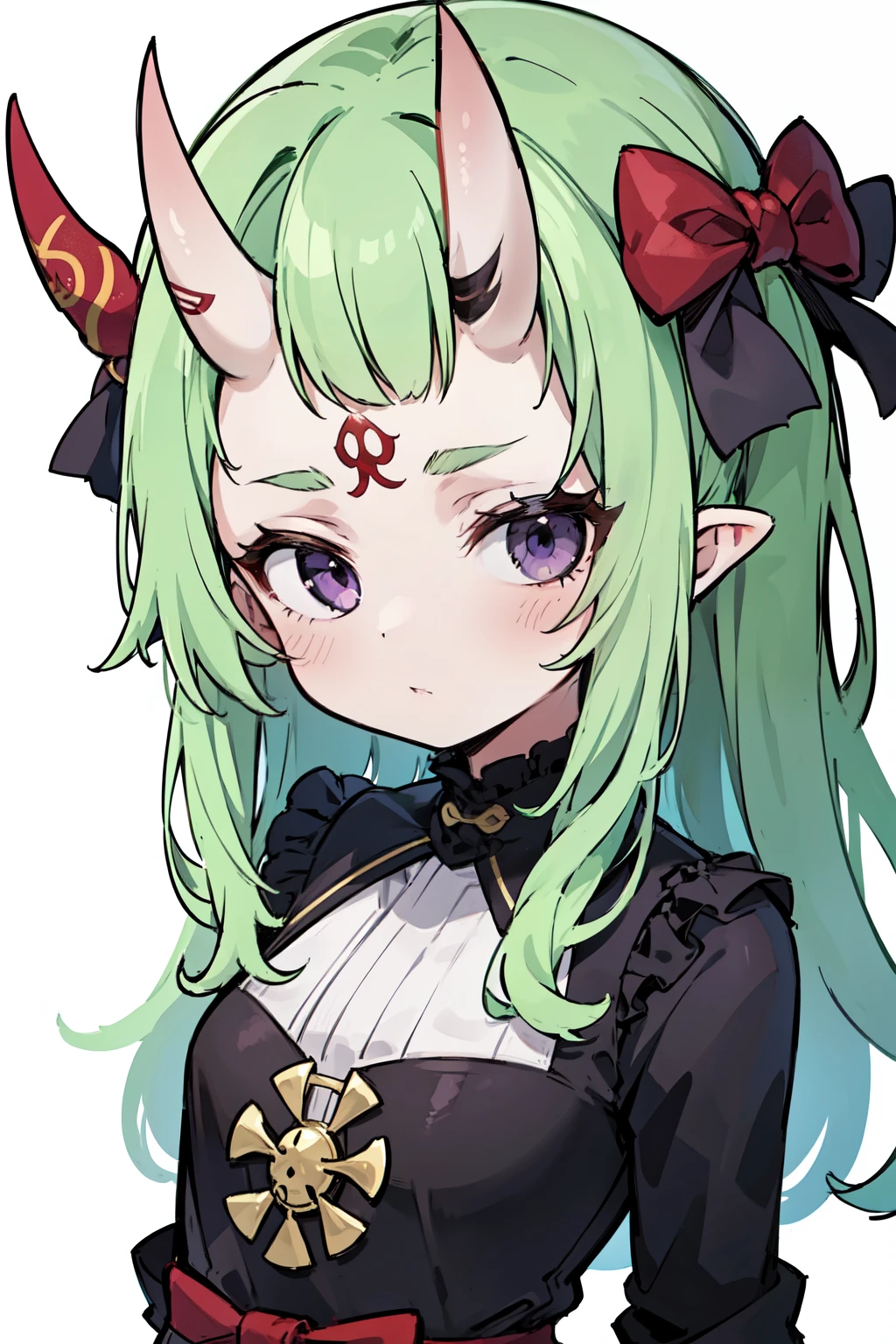 masterpiece, best quality, 4k, face close-up, portrait, 1girl, solo, beige hair, light green hair, pale green hair long hair, purple eyes, empty eyes, small breasts, (oni girl, oni horns, forehead horns), serious, neutral, white blouse, one piece blouse, medieval fashion, standing, arms behind back, looking at viewer, white background, simple background, transparent background