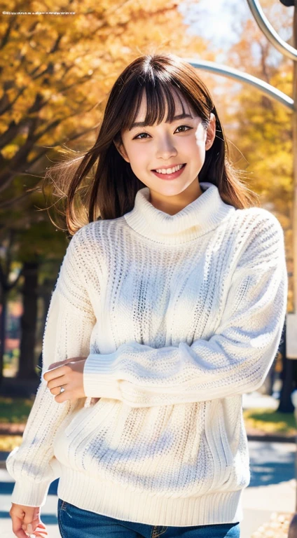 ulzzang -6500-v1.1, (Raw photo:1.2), (Photorealistic:1.4), Beautiful detailed girl, Very detailed eyes and face, Beautiful detailed eyes, Ridiculous, Incredibly ridiculous, Huge file size, super detailed, High resolution, Very detailed, Best Quality, masutepiece, Kemomimi, ((Japan Girls Fallwear )), ((White sweater、G-pan))Illustration, Very detailed, nffsw, unified, 8K Wallpaper, amazing, Fine details, masutepiece, Best Quality, Highly detailed ticker uniform 8K wallpaper, Light on Face, Cinematic lighting, 1girl in, 16 years old, lightsmile, Full body, Running ,((Dynamic Pose)), season for autumn、A park with beautiful autumn leaves、Autumn leaves on autumn background、Bright light in the morning、Morning running is sunny、Facing the front、Making a heart mark by hand、Smiling、((Dynamic Pose))、make a heart mark、heart mark、