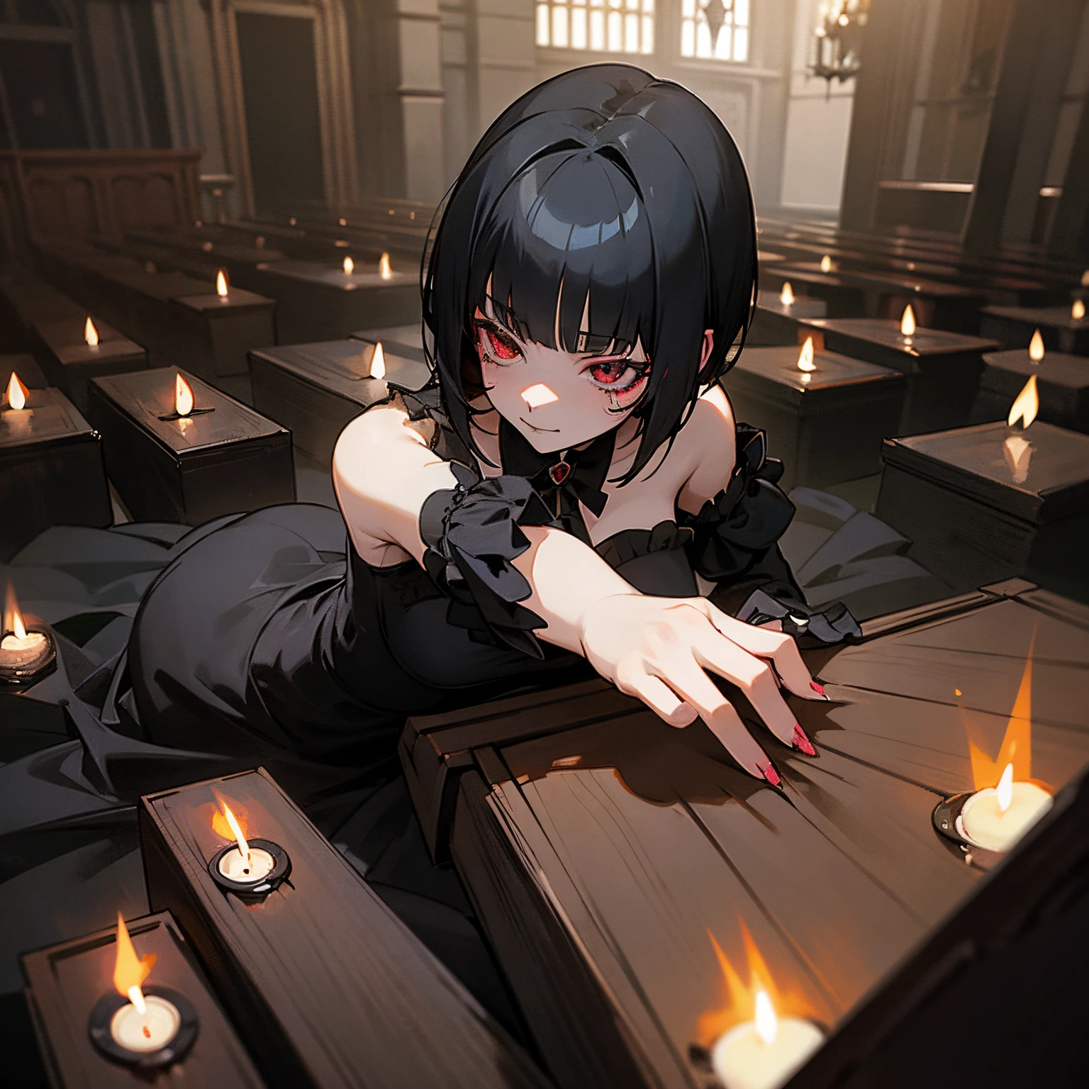 Anime style, gothic vampire girl, short black hair, bite marks on the neck, gothic mansion hall, mal iluminado, lu Z de velas, coffins on the floor