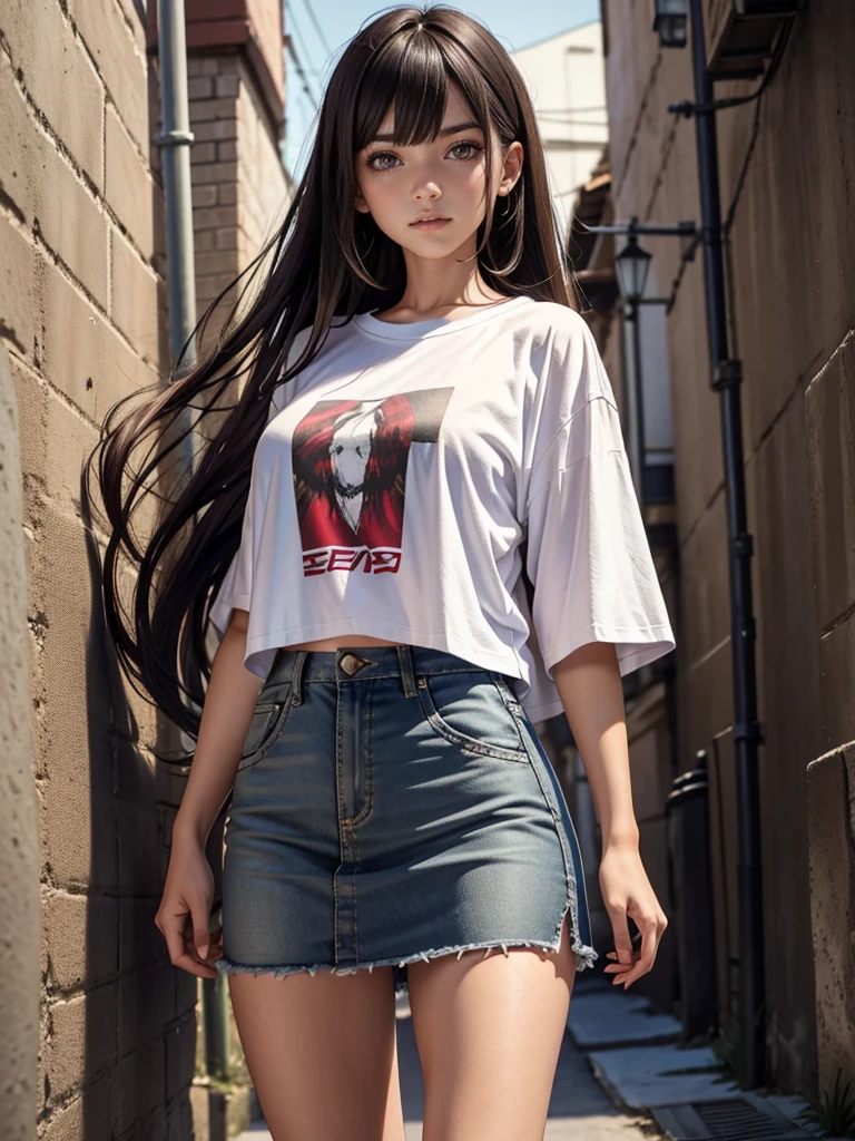 top-quality, intricate detailes, chromatic abberation, 1girl in, length hair, A dark-haired, Unkempt hair, White Highlights, red eyes, sharp eye, Oversized white T-shirt, Ultra mini skirt, pantiy, Cowboy Shots, wind lift, (oversize tshirt: 1.2 inch),against a wall, Concrete walls, doodle, Dim lighting, alleyway