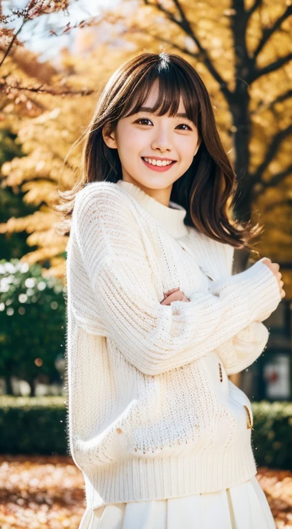 ulzzang -6500-v1.1, (Raw photo:1.2), (Photorealistic:1.4), Beautiful detailed girl, Very detailed eyes and face, Beautiful detailed eyes, Ridiculous, Incredibly ridiculous, Huge file size, super detailed, High resolution, Very detailed, Best Quality, masutepiece, Kemomimi, ((Japan Girls Fallwear )), ((White sweater、G-pan))Illustration, Very detailed, nffsw, unified, 8K Wallpaper, amazing, Fine details, masutepiece, Best Quality, Highly detailed ticker uniform 8K wallpaper, Light on Face, Cinematic lighting, 1girl in, , lightsmile, Full body, Running ,((Dynamic Pose)), season for autumn、A park with beautiful autumn leaves、Autumn leaves on autumn background、Bright light in the morning、Morning running is sunny、Facing the front、Making a heart mark by hand、Smiling、((Dynamic Pose))、make a heart mark、heart mark、