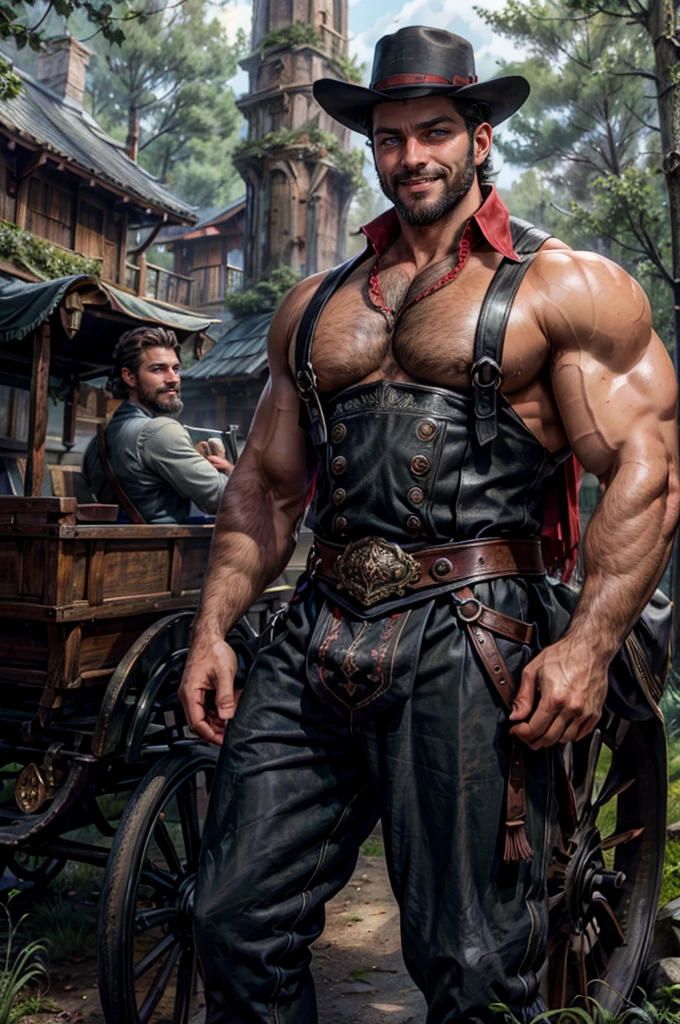 a man with black hair, blue eyes, beard, smiling, strong pectoral, manly and sexy body, wearing red shirt and black pants, Victorian era style, in the background gypsy carriage in a forest, Daeni Pin Style, [Daniel F. Gerhartz Style::0.5], UHD Image, Hire, 8k, photo-realistic, Epic lighting, Sharp, Realistic, Romantic, focus,