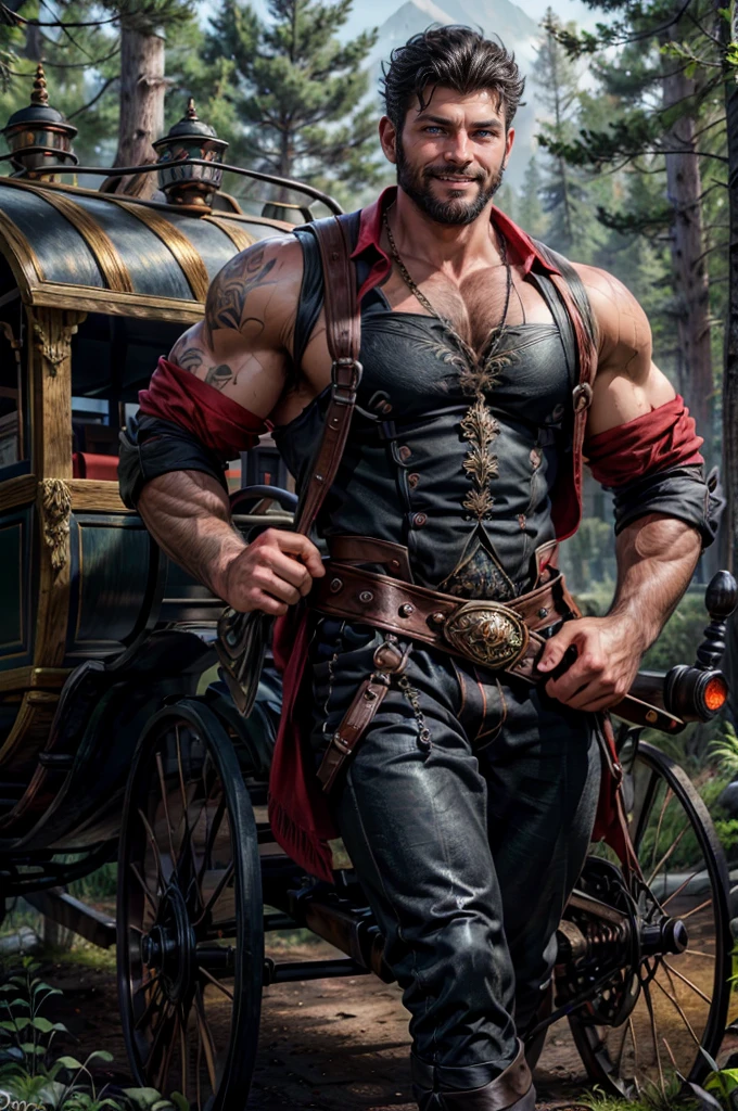 a man with black hair, blue eyes, beard, smiling, strong pectoral, manly and sexy body, wearing red shirt and black pants, Victorian era style, in the background gypsy carriage in a forest, Daeni Pin Style, [Daniel F. Gerhartz Style::0.5], UHD Image, Hire, 8k, photo-realistic, Epic lighting, Sharp, Realistic, Romantic, focus,