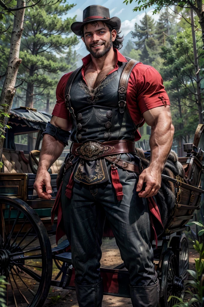 a man with black hair, blue eyes, beard, smiling, strong pectoral, manly and sexy body, wearing red shirt and black pants, Victorian era style, in the background gypsy carriage in a forest, Daeni Pin Style, [Daniel F. Gerhartz Style::0.5], UHD Image, Hire, 8k, photo-realistic, Epic lighting, Sharp, Realistic, Romantic, focus,