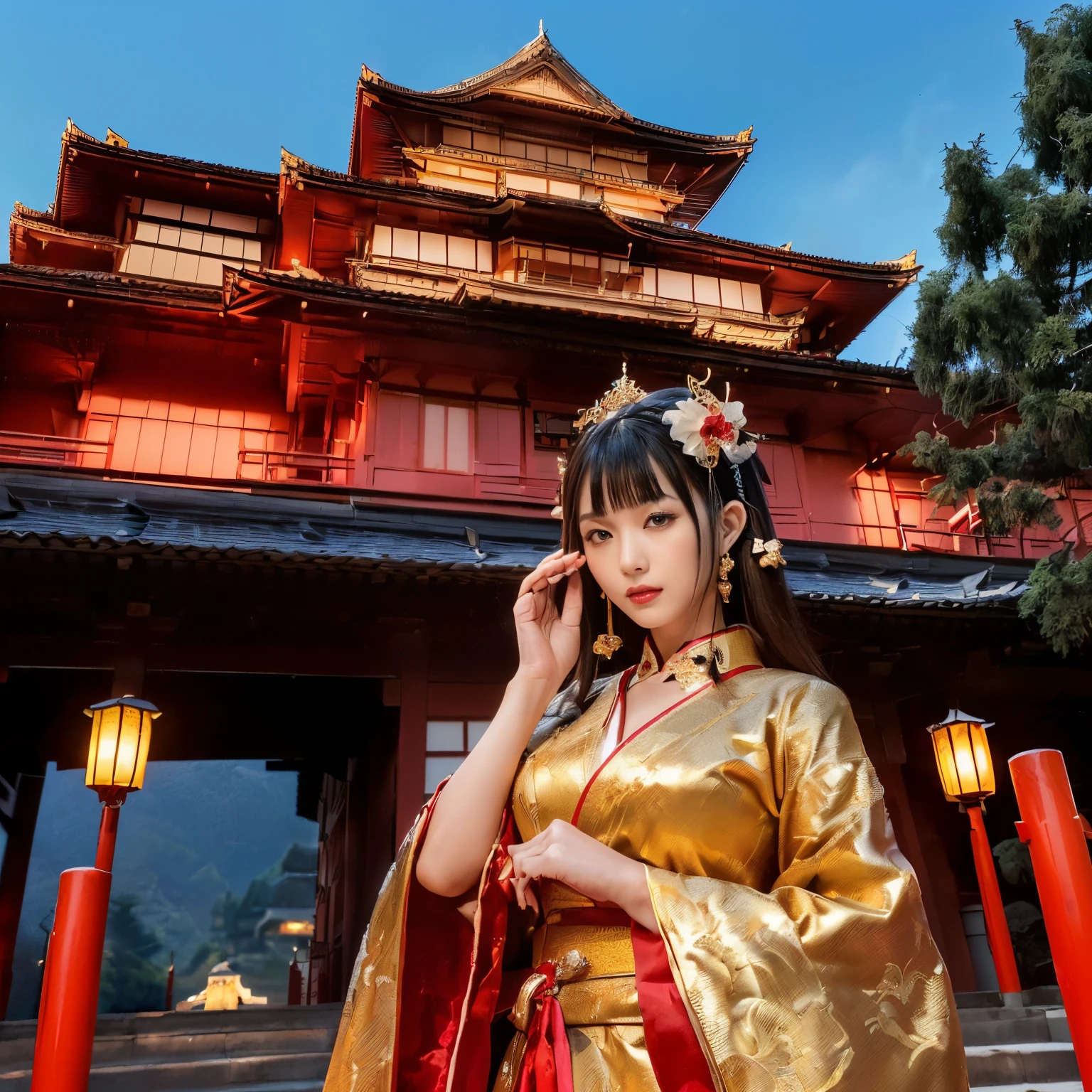 ((top-quality、masutepiece、8K、Top image quality、Very complex and detailed details、1 photo、luxurious and vivid))、((one courtesan、She is wearing a gorgeous courtesan costume..、Luxurious furisode、She is wearing a gorgeous courtesan costume..、she is wearing a gorgeous hair ornament、Her upper body、Take a photo of her from the waist up)、((The castle is in the background, This is a very intricate and detailed Japanese castle.、Beautiful Niwa-lacquered castle pillars、Luxury Japanese castle exterior、Exterior of Niwa-nuri Castle、luxury tile roof、Gold decoration of Niwa-nuri Castle、Luxurious Japanese castle in red and gold、The exterior of the Niwa-lacquered castle that shines red.、Japanese castle exterior、Exterior of Ryugu Castle、Princess standing at the entrance to the Dragon Palace)))、(View me、Look at viewers、photo of her upper body、Complete reproduction of Niwa-nuri Castle、Perfectly depict detailed and complex backgrounds)