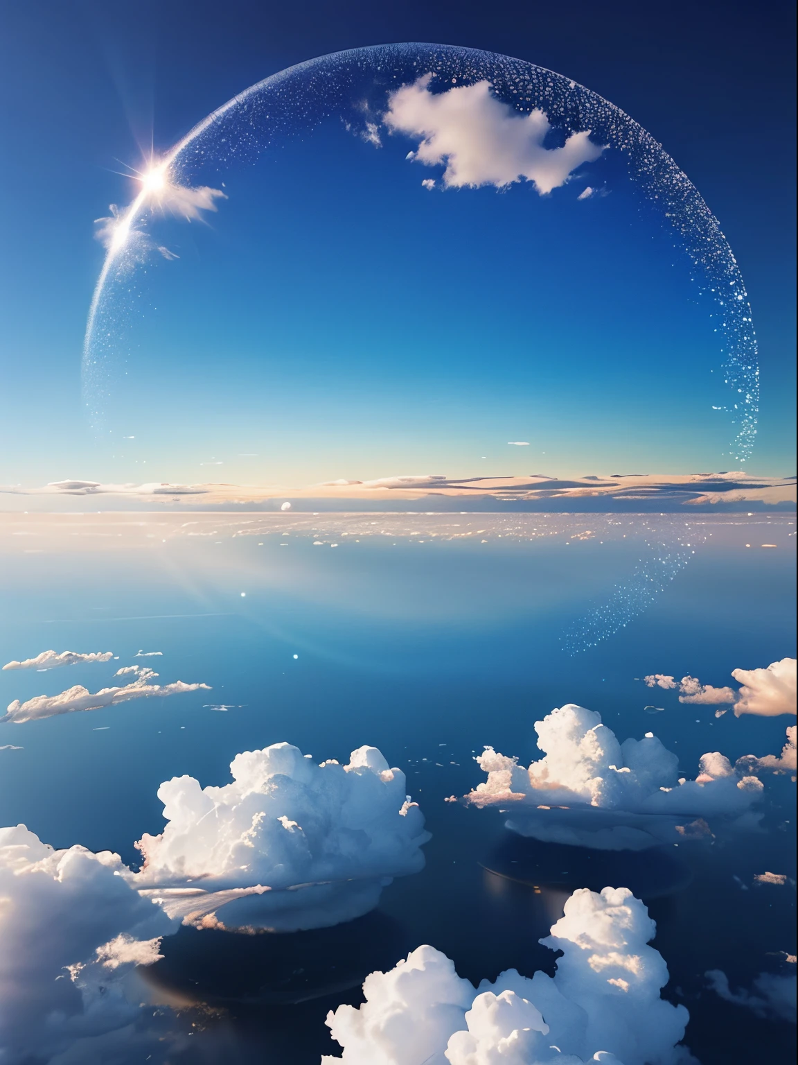 light ,Flowing clouds , landscapes , Sparkling blue sky , Scenery reflected in the round horizon