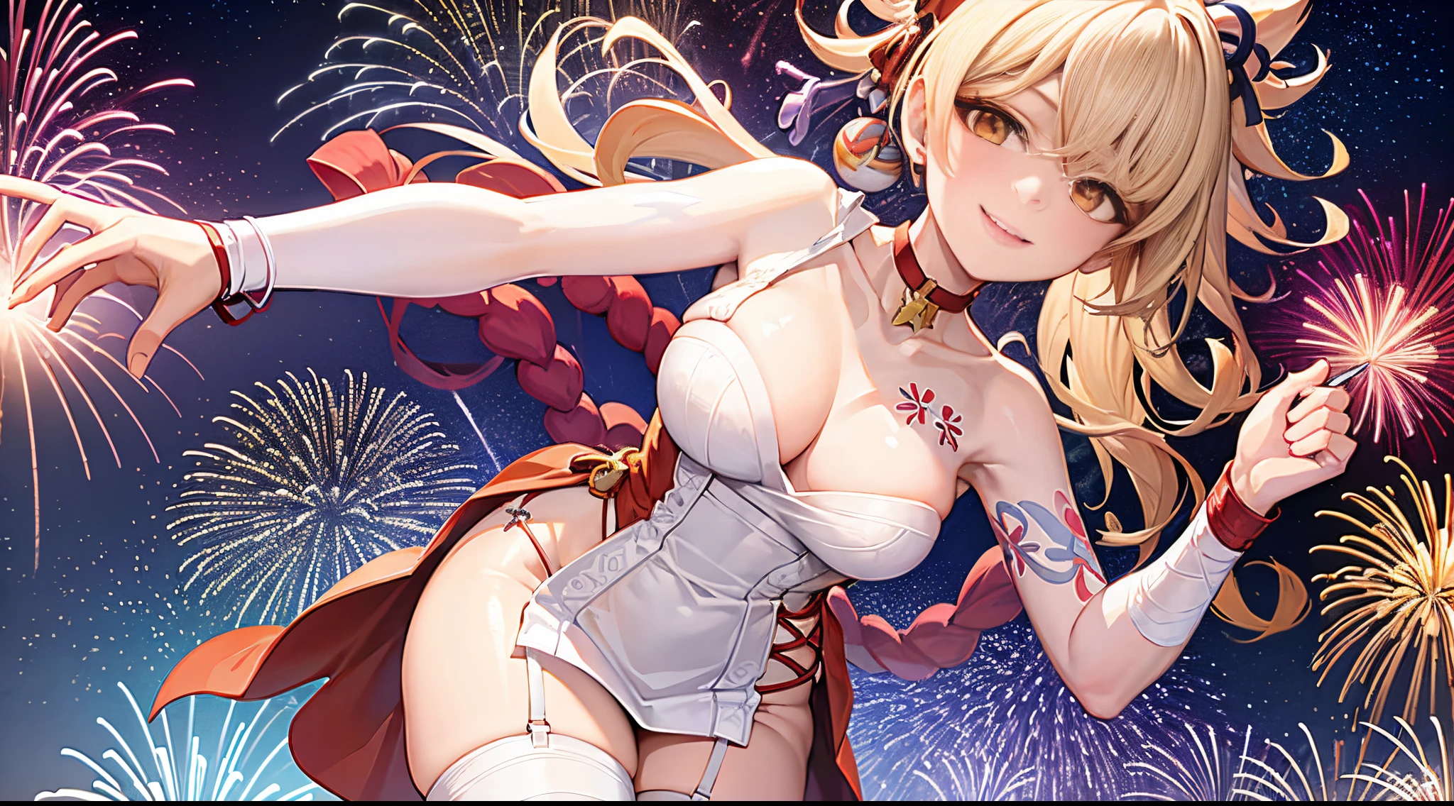 1girl, red wedding dress, white suspender stockings, amusement park, medium breast, wink, ultra hd, ultra detail