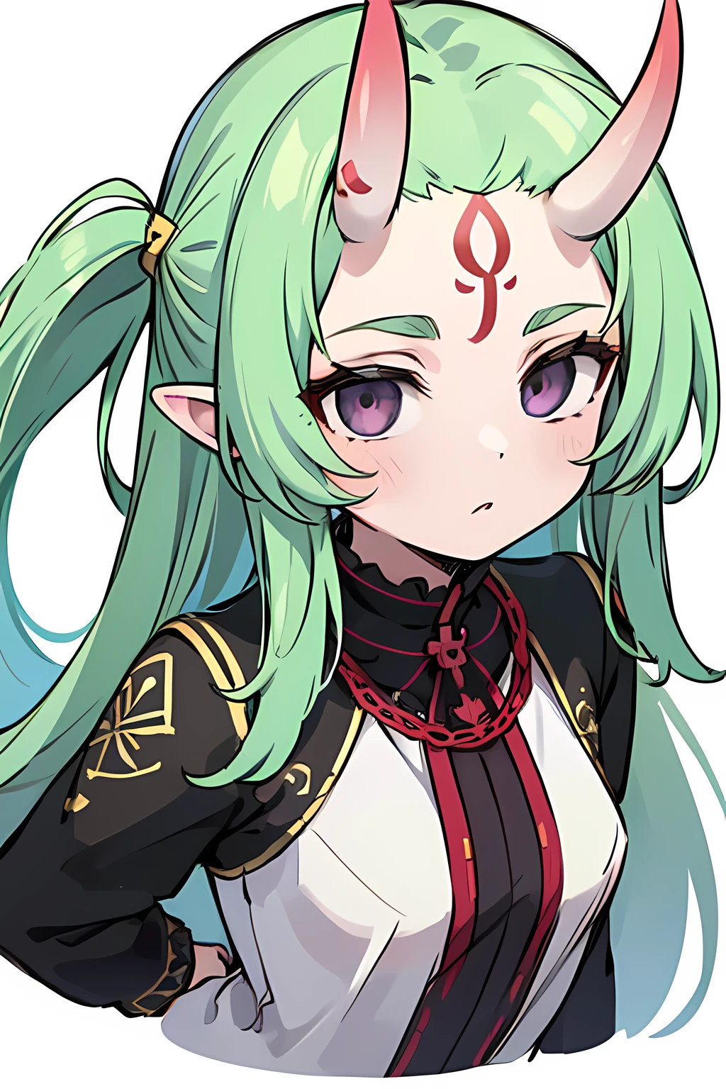 masterpiece, best quality, 4k, face close-up, portrait, 1girl, solo, beige hair, light green hair, pale green hair long hair, purple eyes, empty eyes, small breasts, (oni girl, oni horns, forehead horns), serious, neutral, white blouse, one piece blouse, medieval fashion, standing, arms behind back, looking at viewer, white background, simple background, transparent background