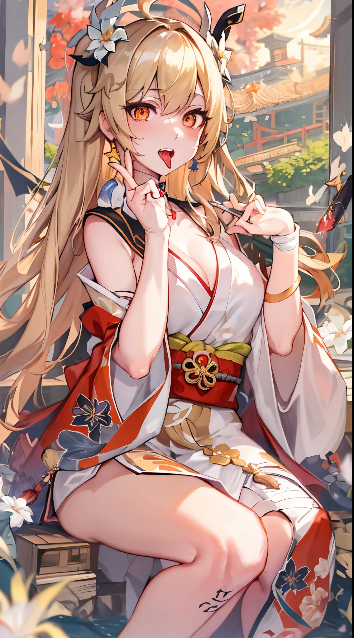 Draw a cute li goddess with mesmerizing red eyes and flowing blonde hair. She playfully while flashing a beautiful smile. Make sure to capture the innocence and charm in her expression, she have golden halo and flower crown in upper her head, she wear white robe and wink her eyes