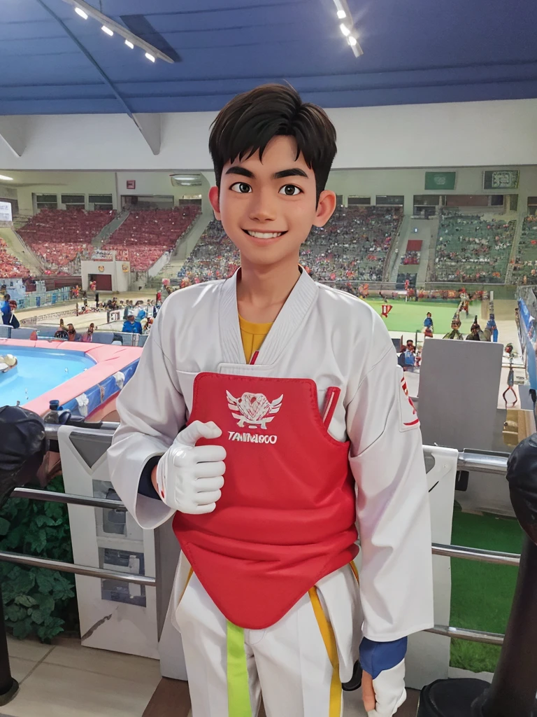Indonesian young boy, wear taekwondo gear and body protector, smile