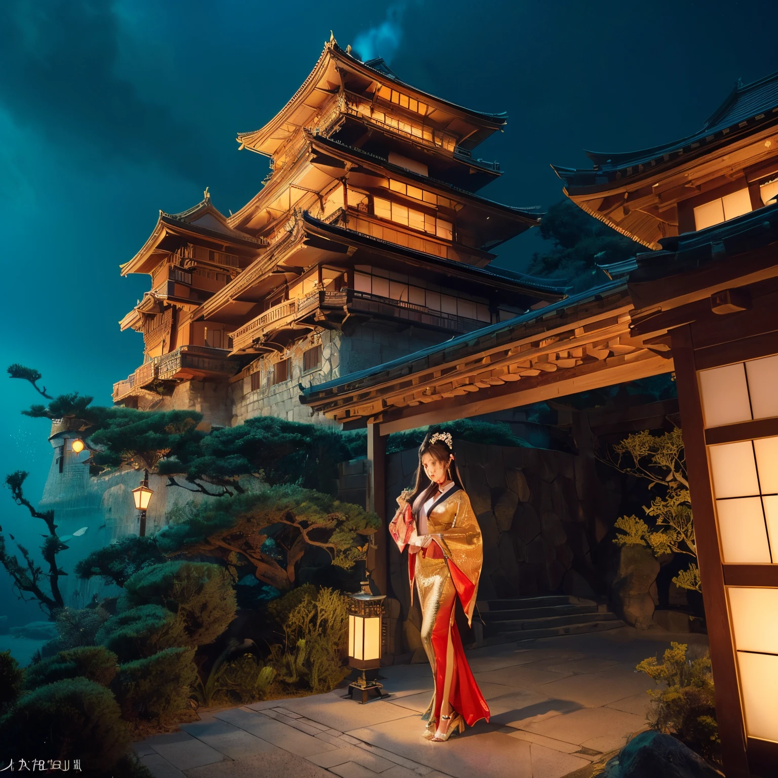 ((top-quality、masutepiece、8K、Top image quality、Very complex and detailed details、1 photo))、((One Princess、Otohime 1 person、luxurious courtesan costume、Luxurious furisode、photo of her from the knees up、gorgeous courtesan、i'wearing a luxurious hairpin、Luxurious hair ornaments、Exterior of Deep Sea Castle、Exterior of underwater castle、i'I'm in a castle under the sea)、((The background is Ryugu Castle, it is very complex and detailed.、Beautiful Niwa-lacquered castle pillars、Exterior view of a luxurious Japanese castle、Exterior of Niwa-nuri Castle、luxury tile roof、Gold decoration of Niwa-nuri Castle、Luxurious Japanese castle in red and gold、The most luxurious Ryugu Castle exterior、A complete reproduction of Ryugu Castle from Japanese folk tales、Exterior of Japanese-style sea castle、Exterior view of Ryugu Castle in the sea、Princess standing at the entrance to Ryugujo.)))、(View me、smil、A smile、Look at viewers、photo of her upper body、Complete reproduction of Ryugu Castle under the sea、Perfectly depict detailed and complex underwater scenes)