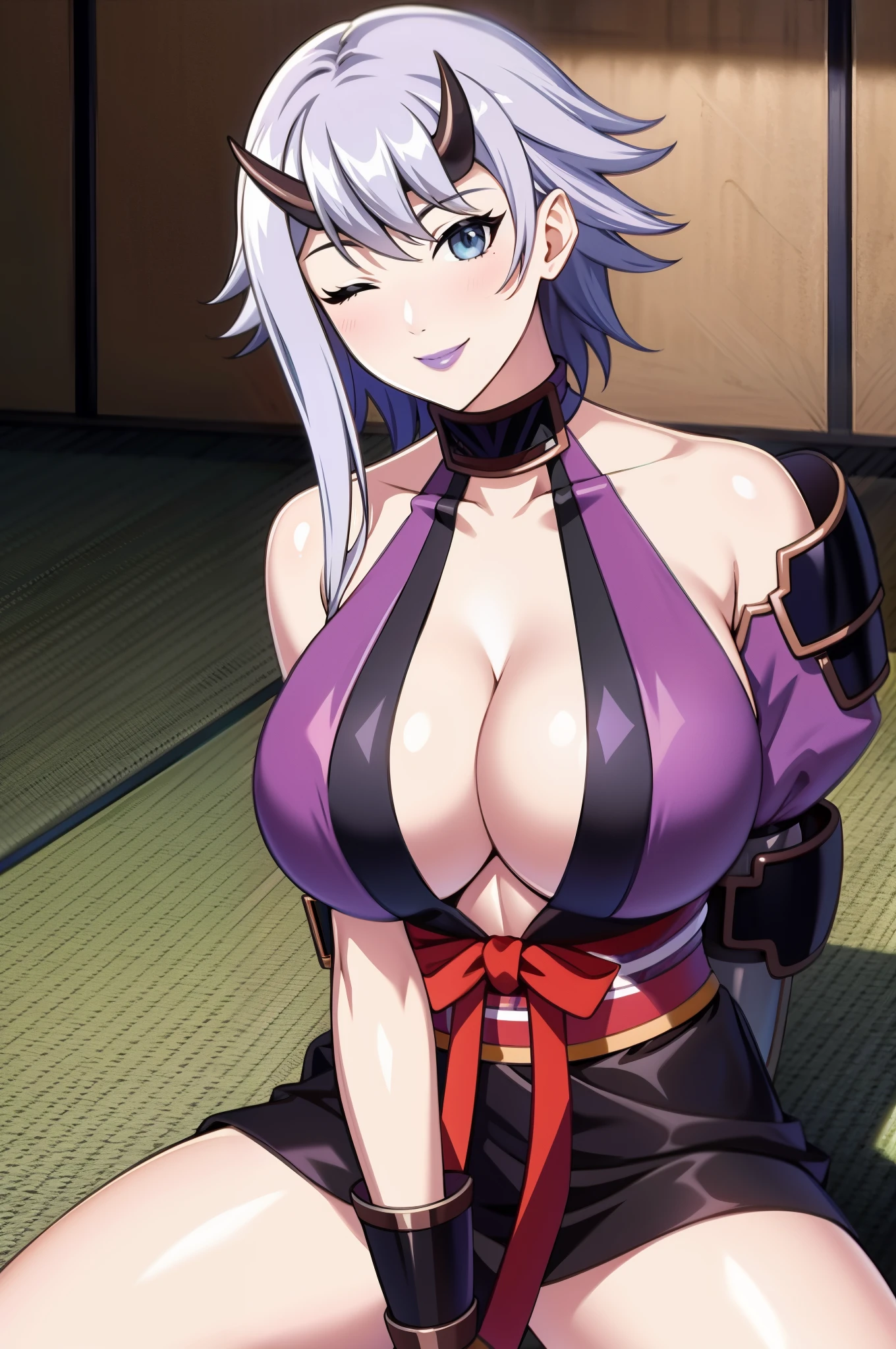 perfect eyes:1.2, detailed eyes:1.4, shizuka, buttlerfly sitting, one eye closed, blue eyes, arms behind head, lilac lipstick, pale skin, grey hair, ninja, japanese armor, tunic, single shoulder pad, obi, bracer, cleavage, smile, 1girl, solo, (masterpiece:1.6, best quality), 8k, insane details, intricate details, hyperdetailed, hyper quality, high detail, ultra detailed, professional, HDR, ray tracing reflection, cinematic lighting,