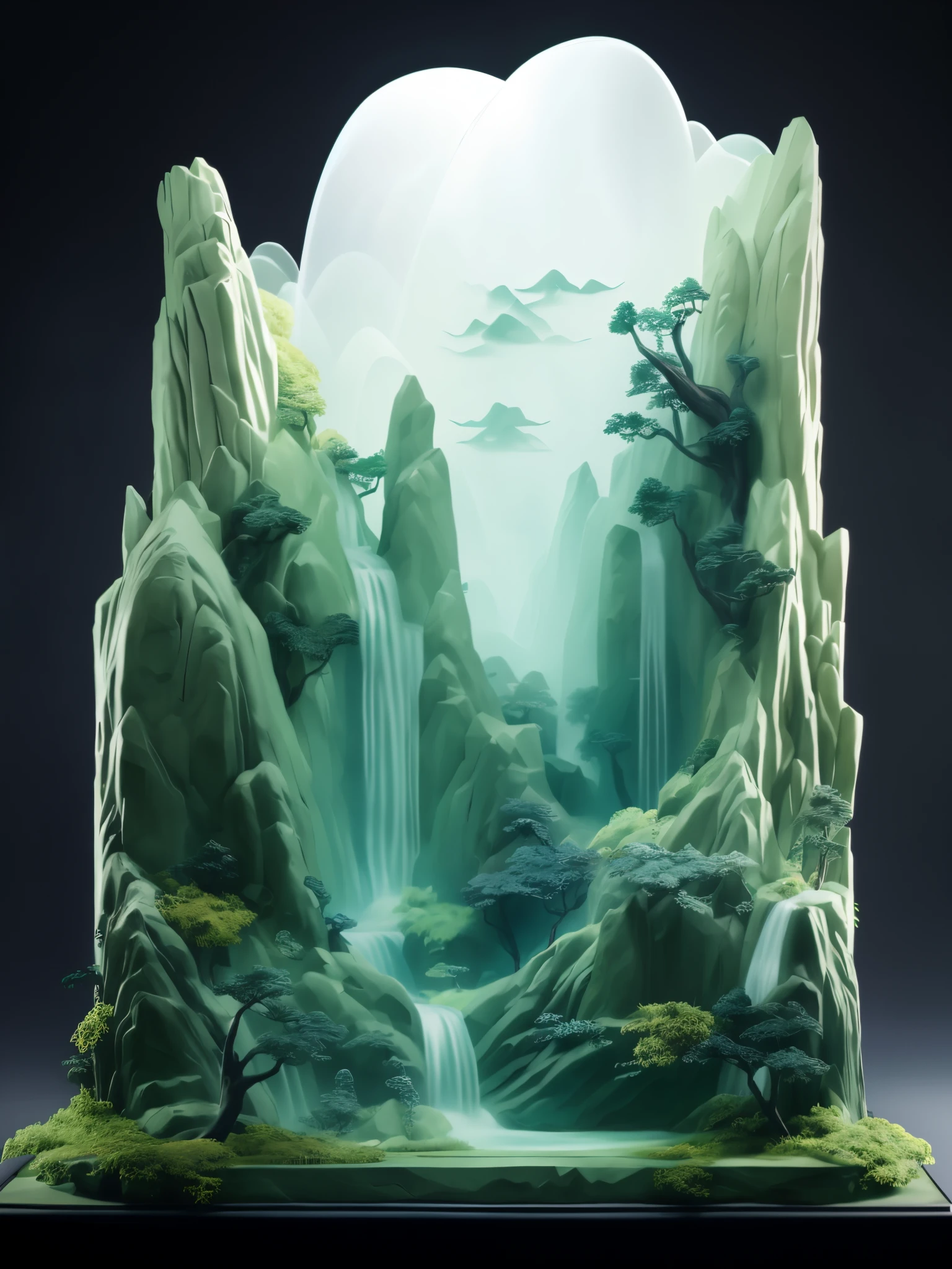 There is a sculpture of a waterfall in a green landscape, Inspired by Ma Yuan, Detailed digital 3D art, super detailed color lowpoly art, High quality low-poly art, Avatar landscape, beautiful landscape rendering, Inspired by Xiao Yuncong, 3D virtual landscape painting, stylized as a 3d render, 4k highly detailed digital art