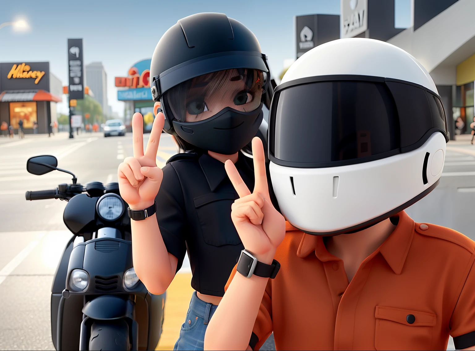 The man wearing a black shirt, black watch and black helmet and posing a peace sign while the girl wearing a orange crop top, black watch and white helmet and also posing peace sign. Big bike on the side and mall parking at the background