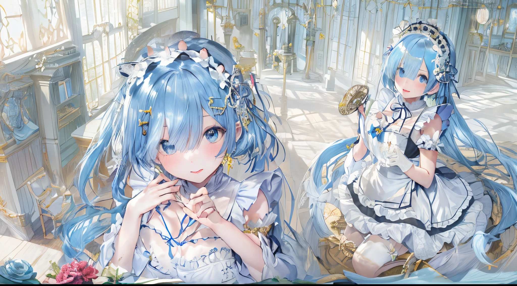 A high resolution, Focus sharp, Pixiv masterpiece, ((Complicated details)), The content is very detailed, upper part of body, 1 busty girl, rem_floor plan about_praise, Blue hair, Short hair details, Maid uniform, hair adornments, LOP, maid headdress, Split sleeves, ribbons,