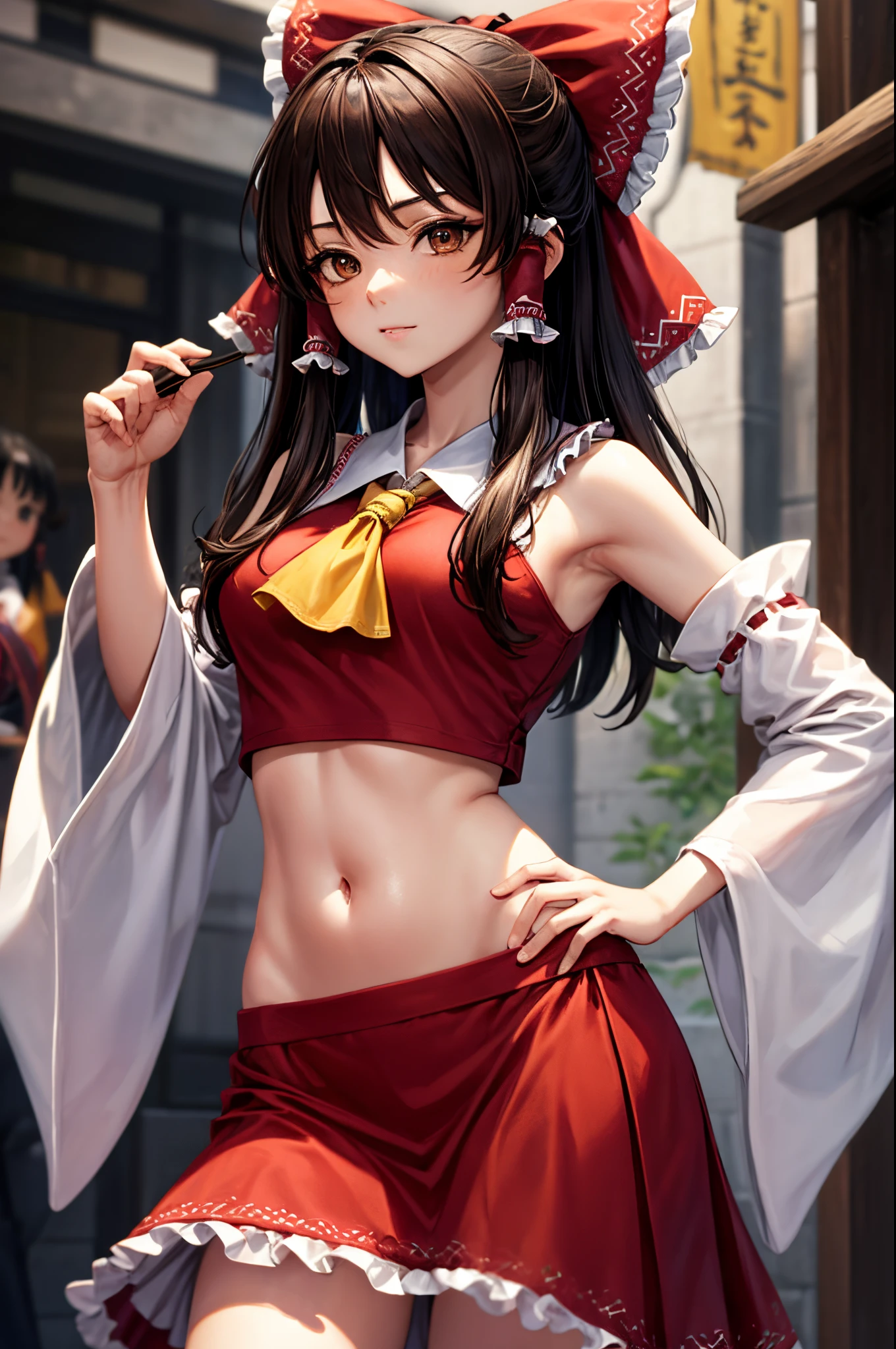 reimu hakurei, (brown eyes:1.5), brown hair, bow, hair bow, hair tubes, long hair, red bow, sidelocks, ascot, bare shoulders, detached sleeves, embellished costume, frills, japanese clothes, nontraditional miko, red skirt, tummy, hands on hips