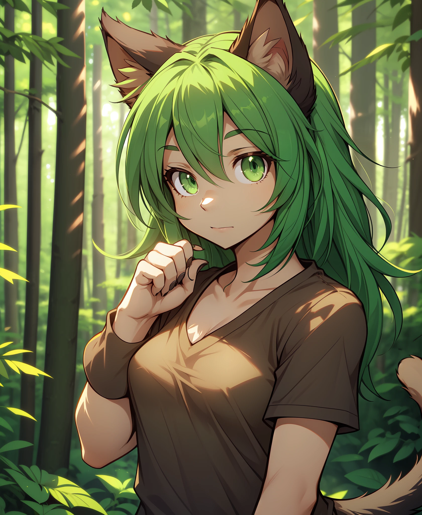 karen-taverndatter, twokinds, by tom_fischbach,, (best quality, masterpiece:1), solo, human female, green eyes, medium hair, green hair, catgirl, cat ears, portrait, fingers, finger claws, looking at viewer, cat tail, (outdoors dark forest trees blurry blurred background:1.1),